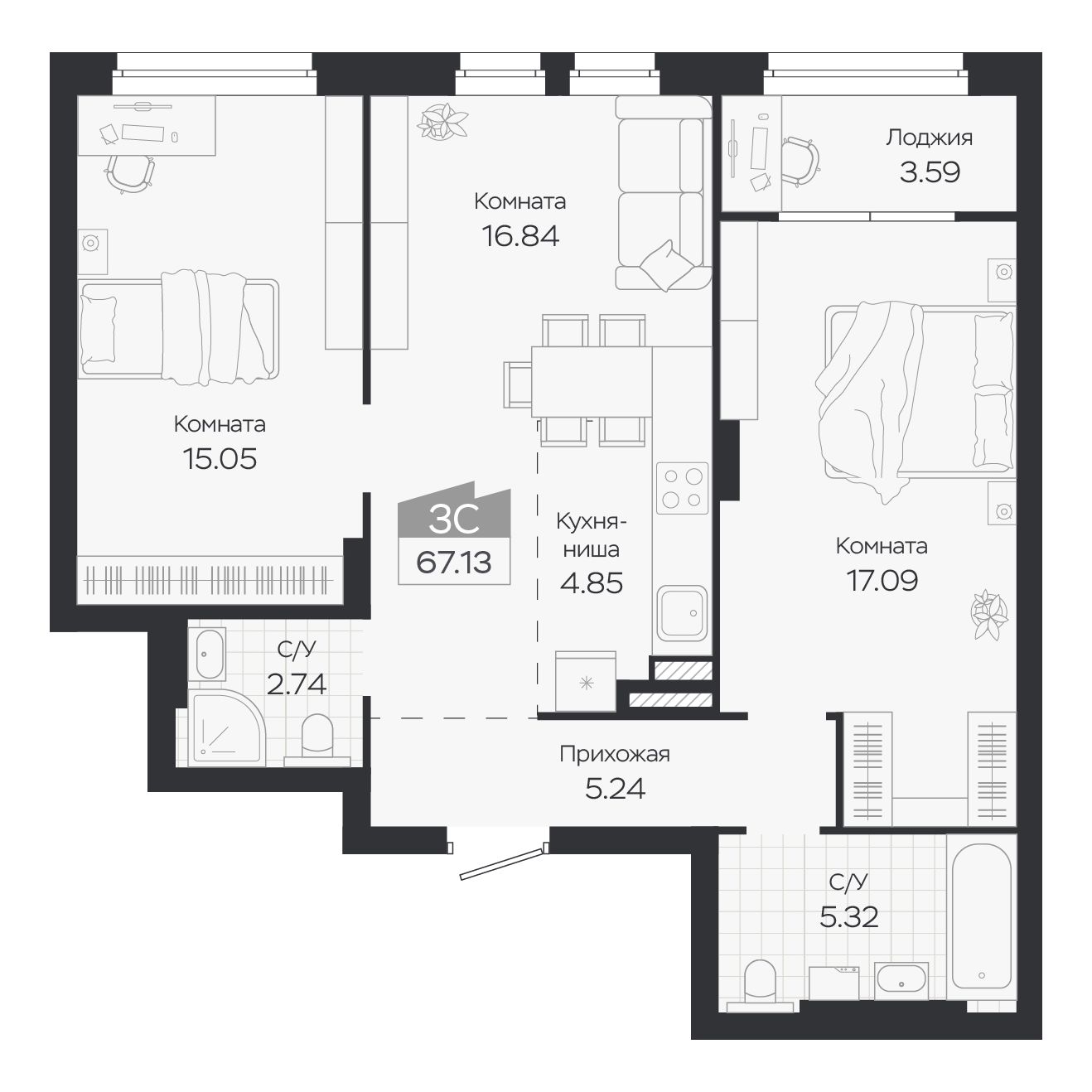 Планировка: Евро-3, 67,13 м²