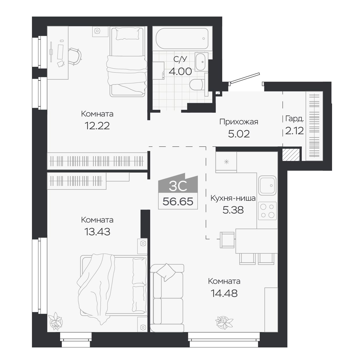 Планировка: Евро-3, 56,65 м²