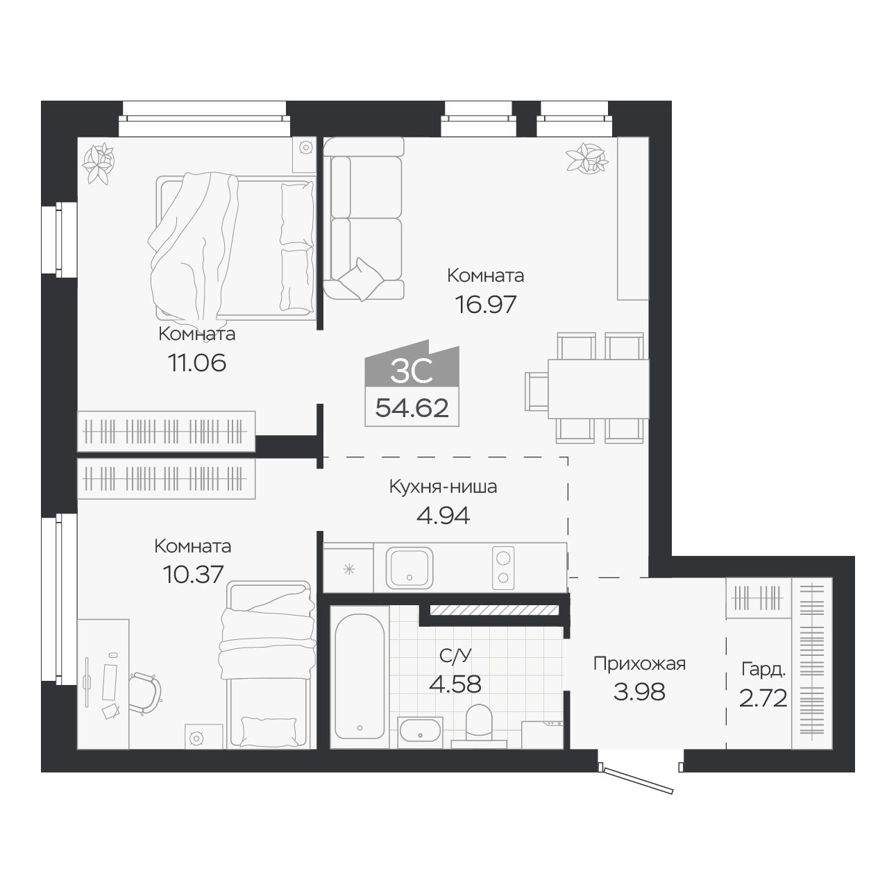 Планировка: Евро-3, 54,62 м²