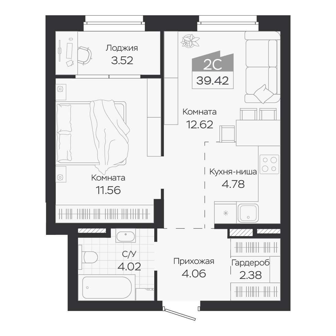 Планировка: Евро-2, 39,42 м²