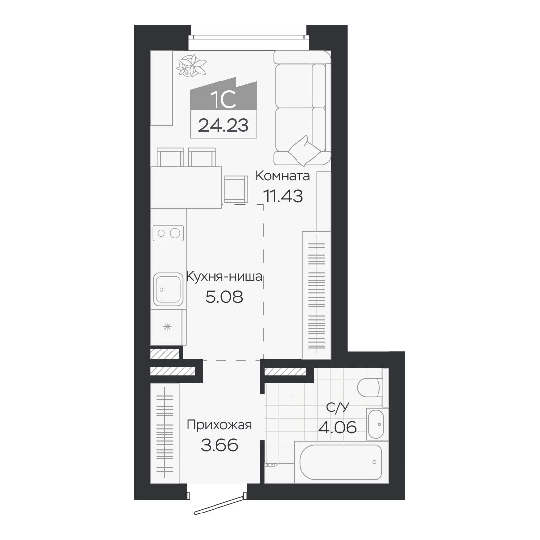 Планировка: Евро-1, 24,23 м²
