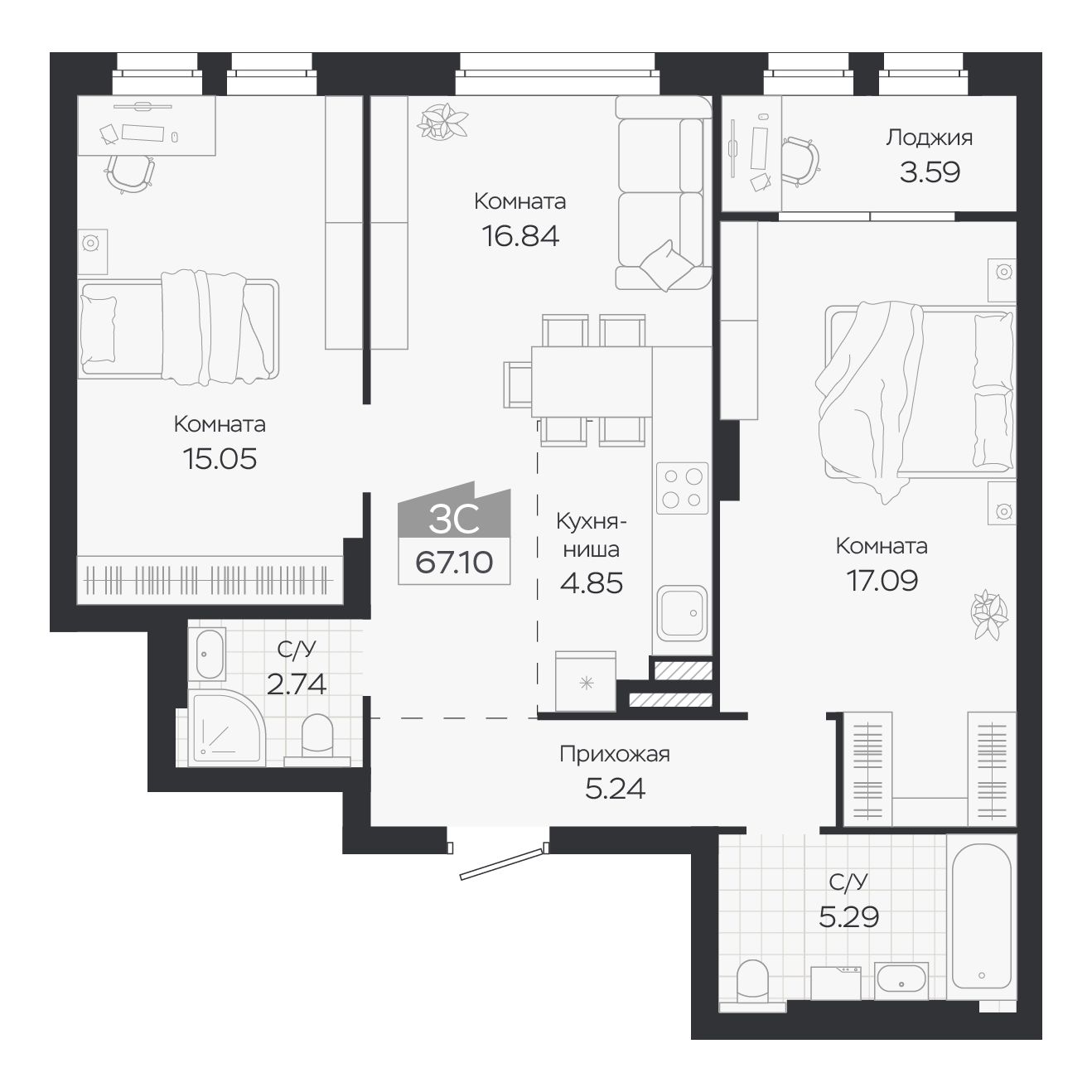Планировка: Евро-3, 67,1 м²