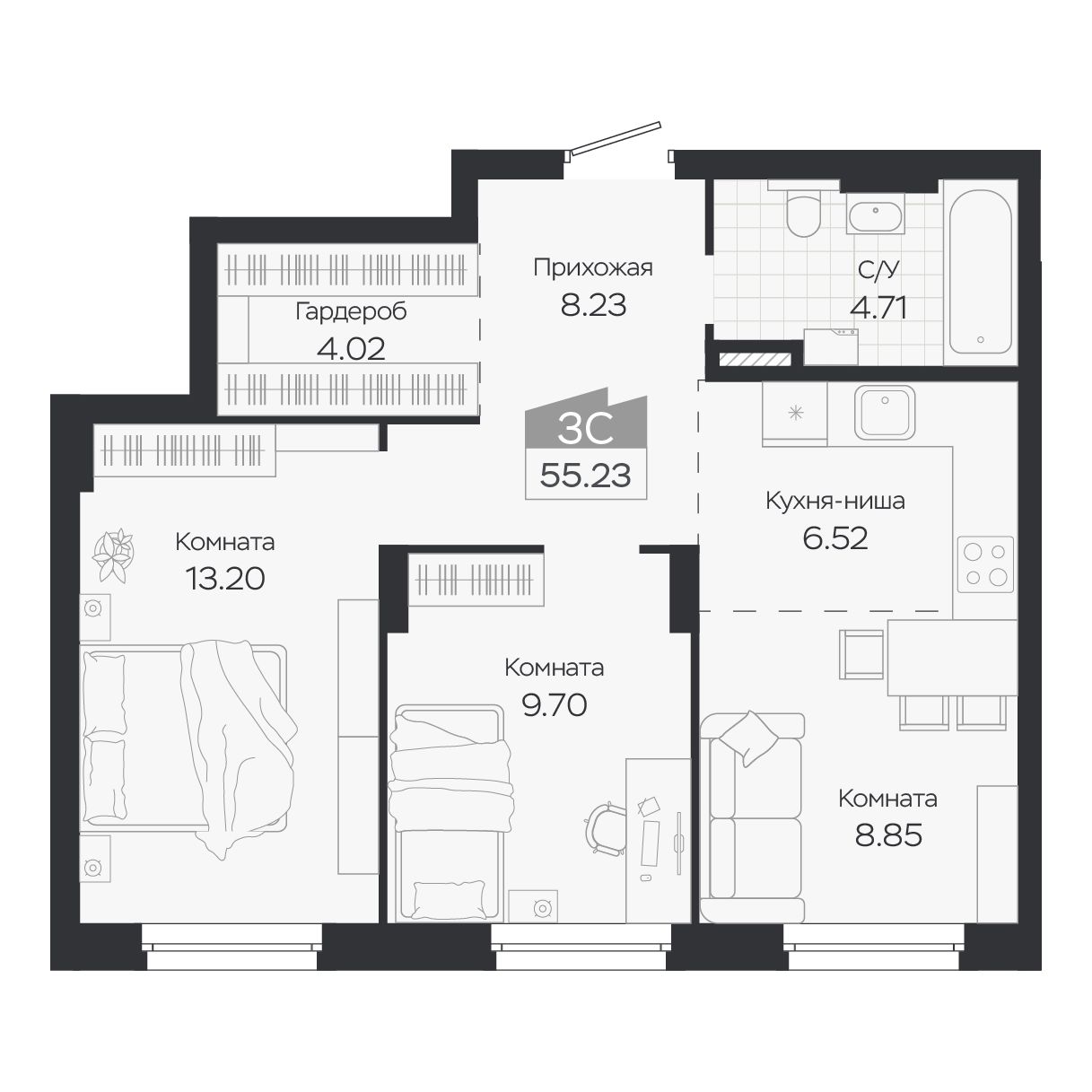 Планировка: Евро-3, 55,23 м²