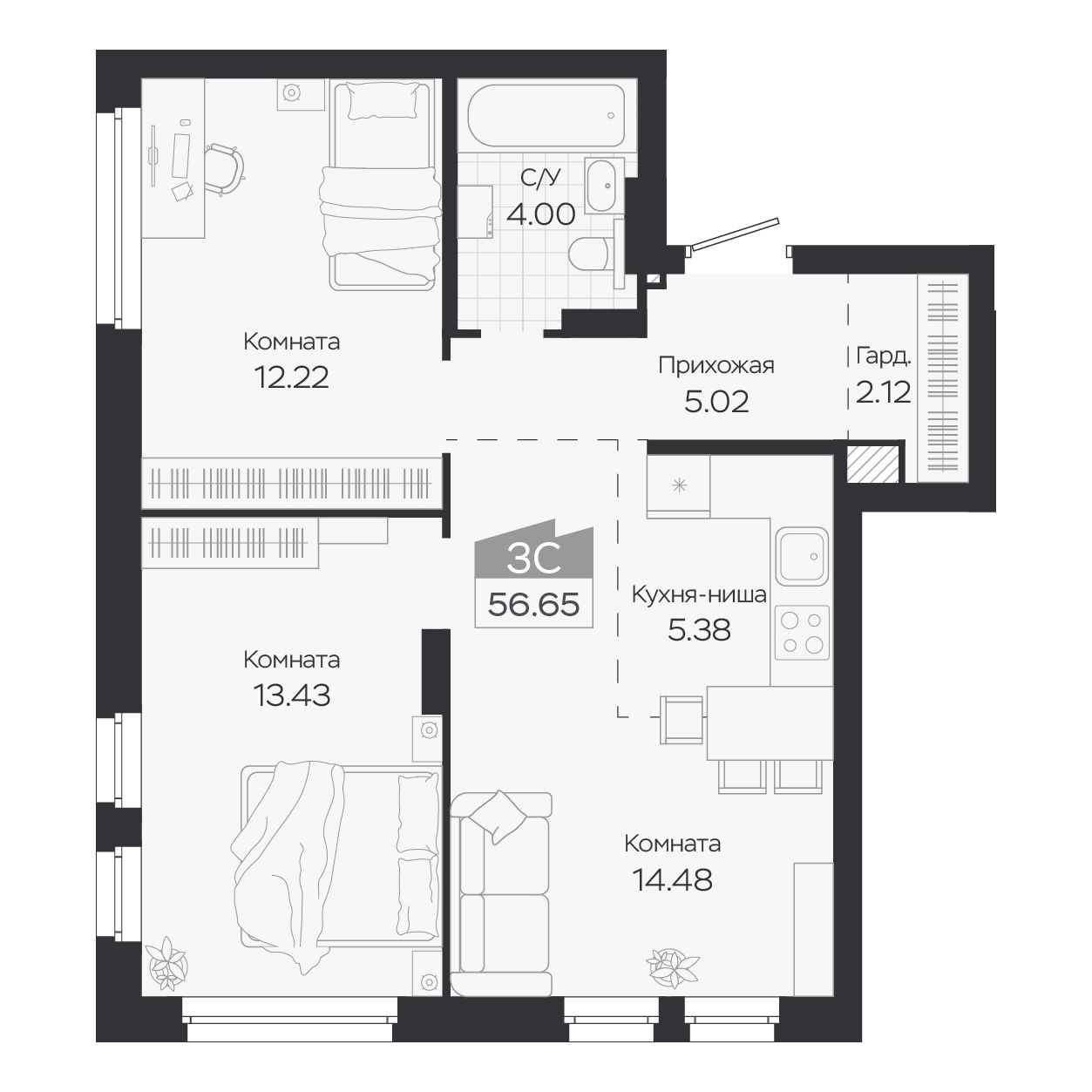 Планировка: Евро-3, 56,65 м²