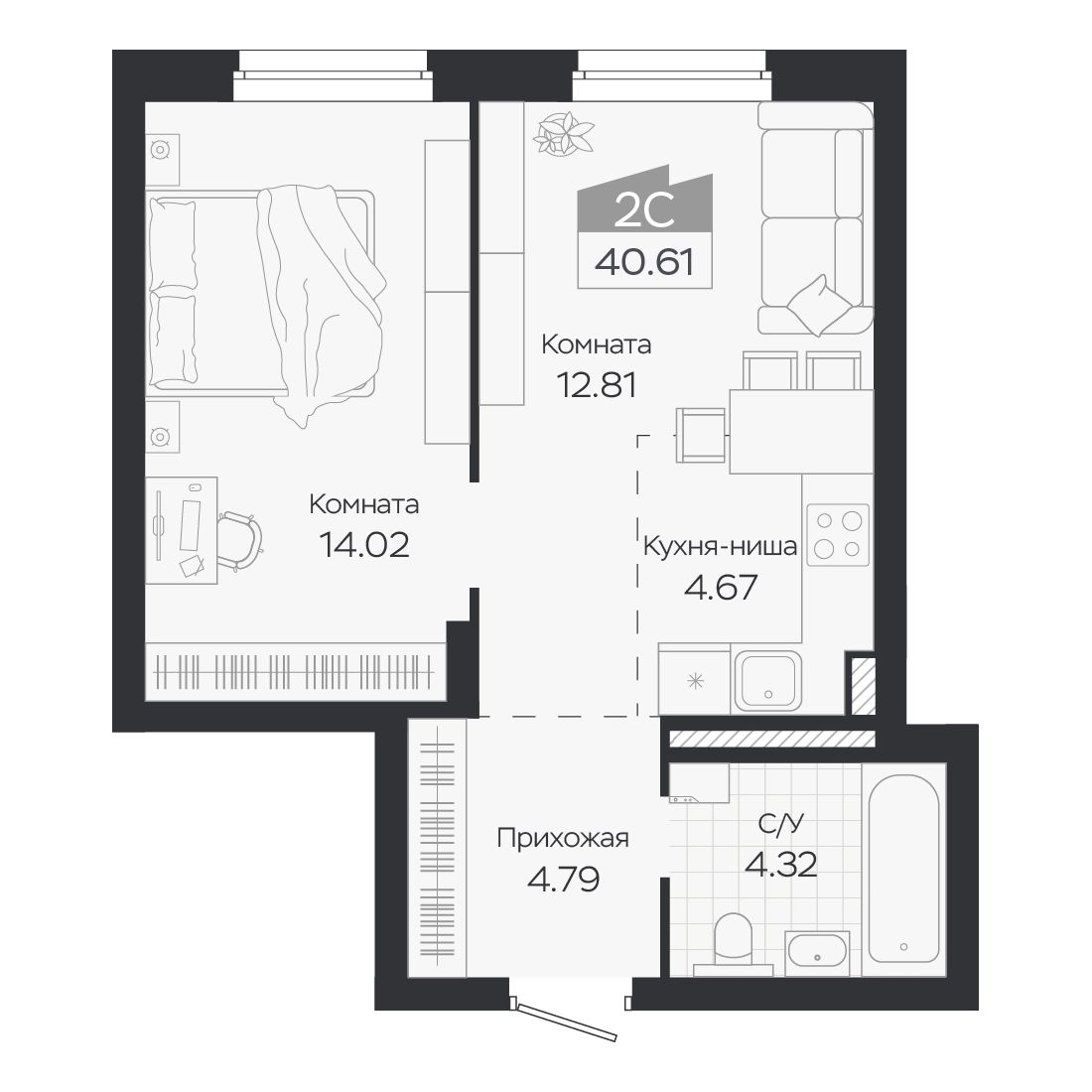 Планировка: Евро-2, 40,61 м²