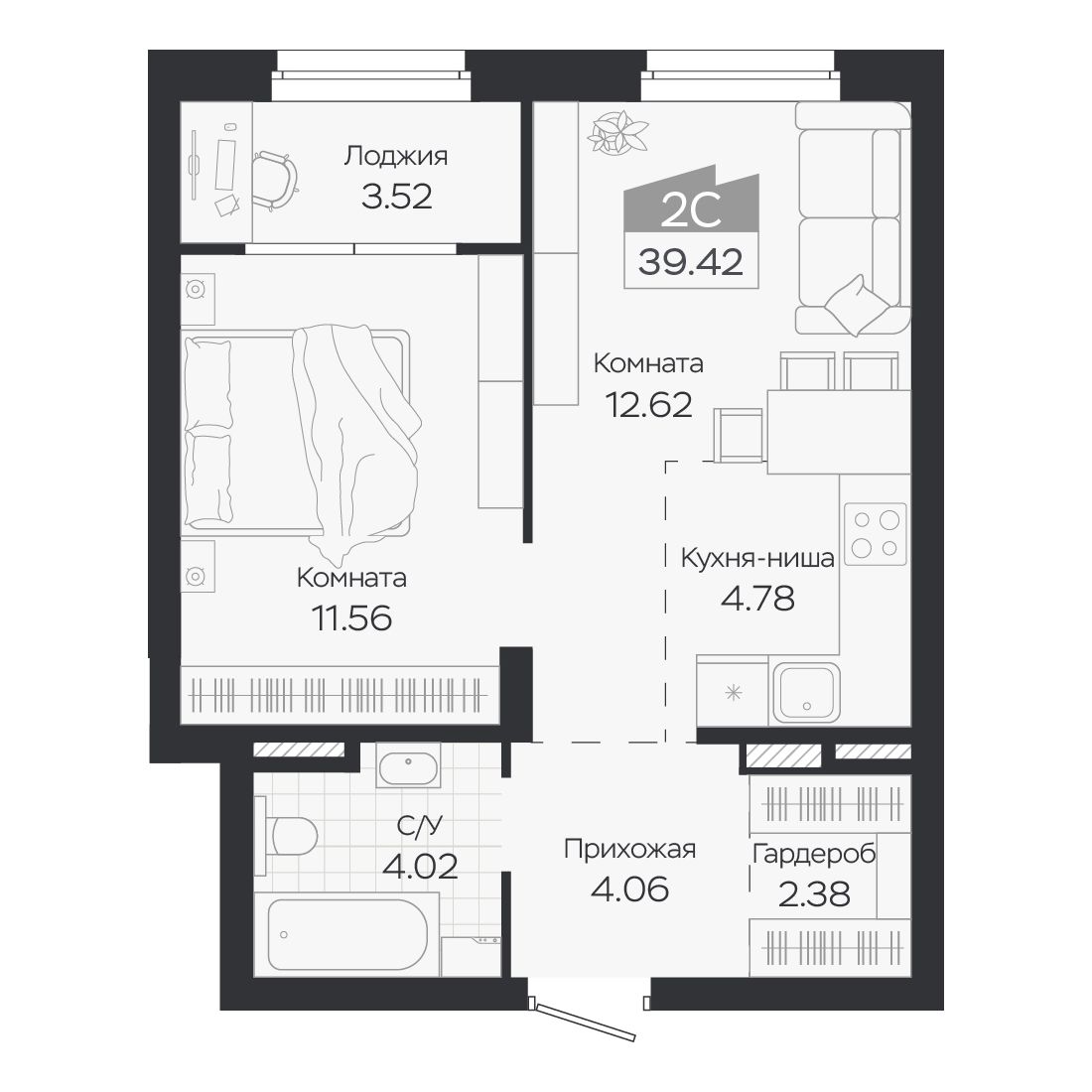 Планировка: Евро-2, 39,42 м²