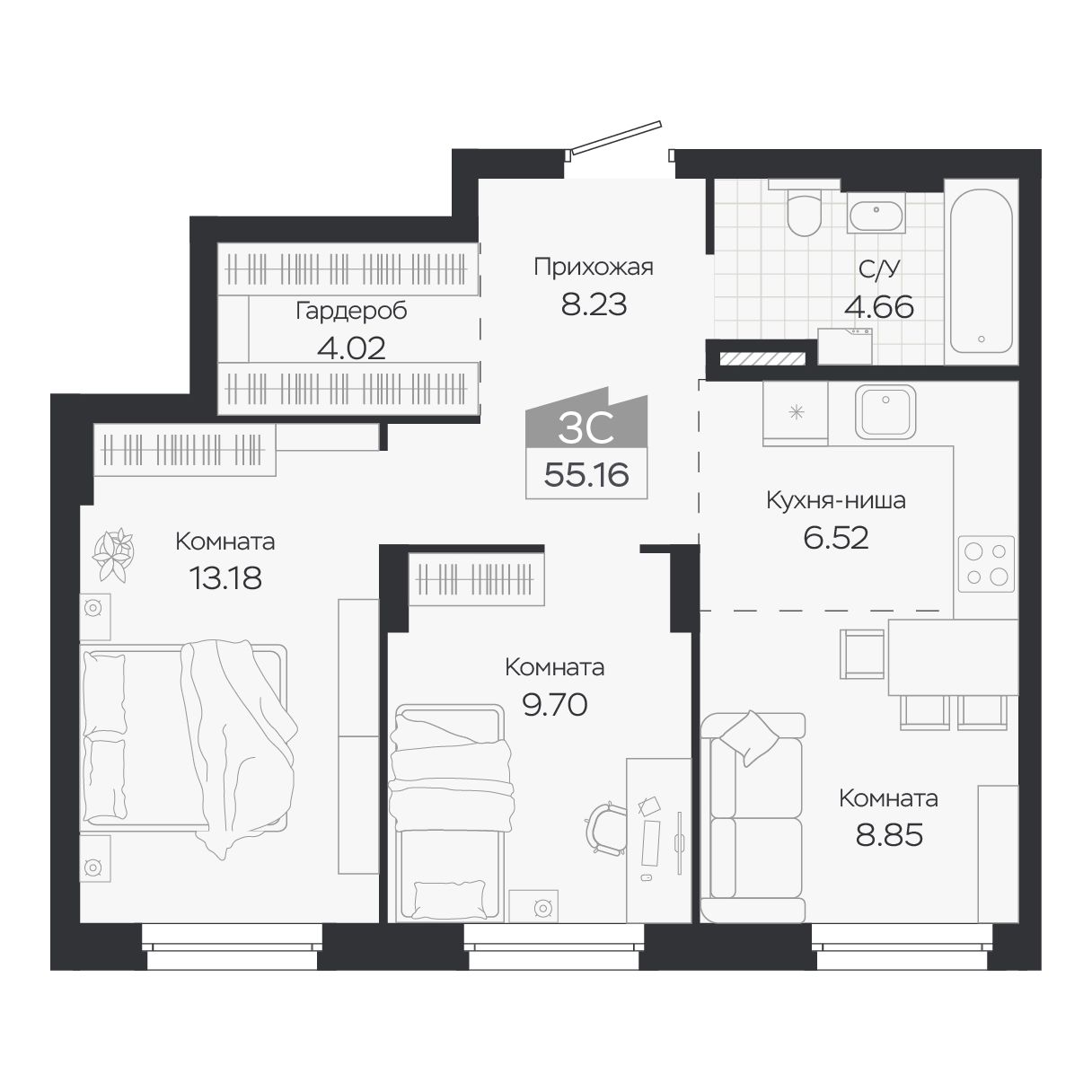 Планировка: Евро-3, 55,16 м²