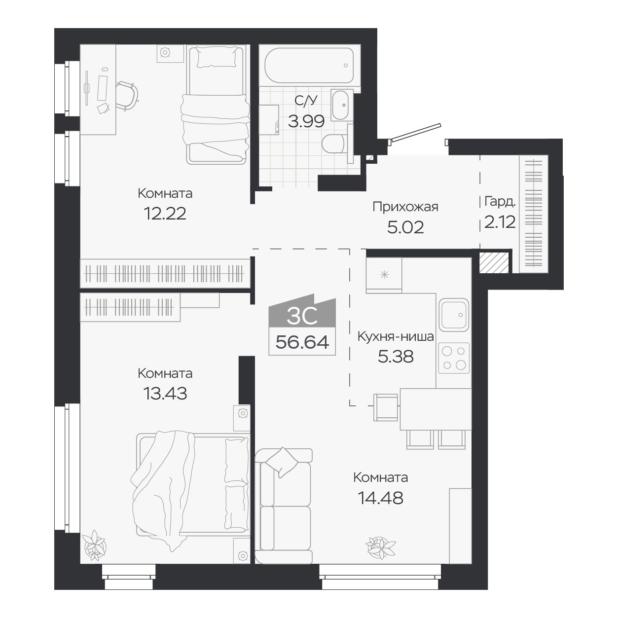 Планировка: Евро-3, 56,64 м²