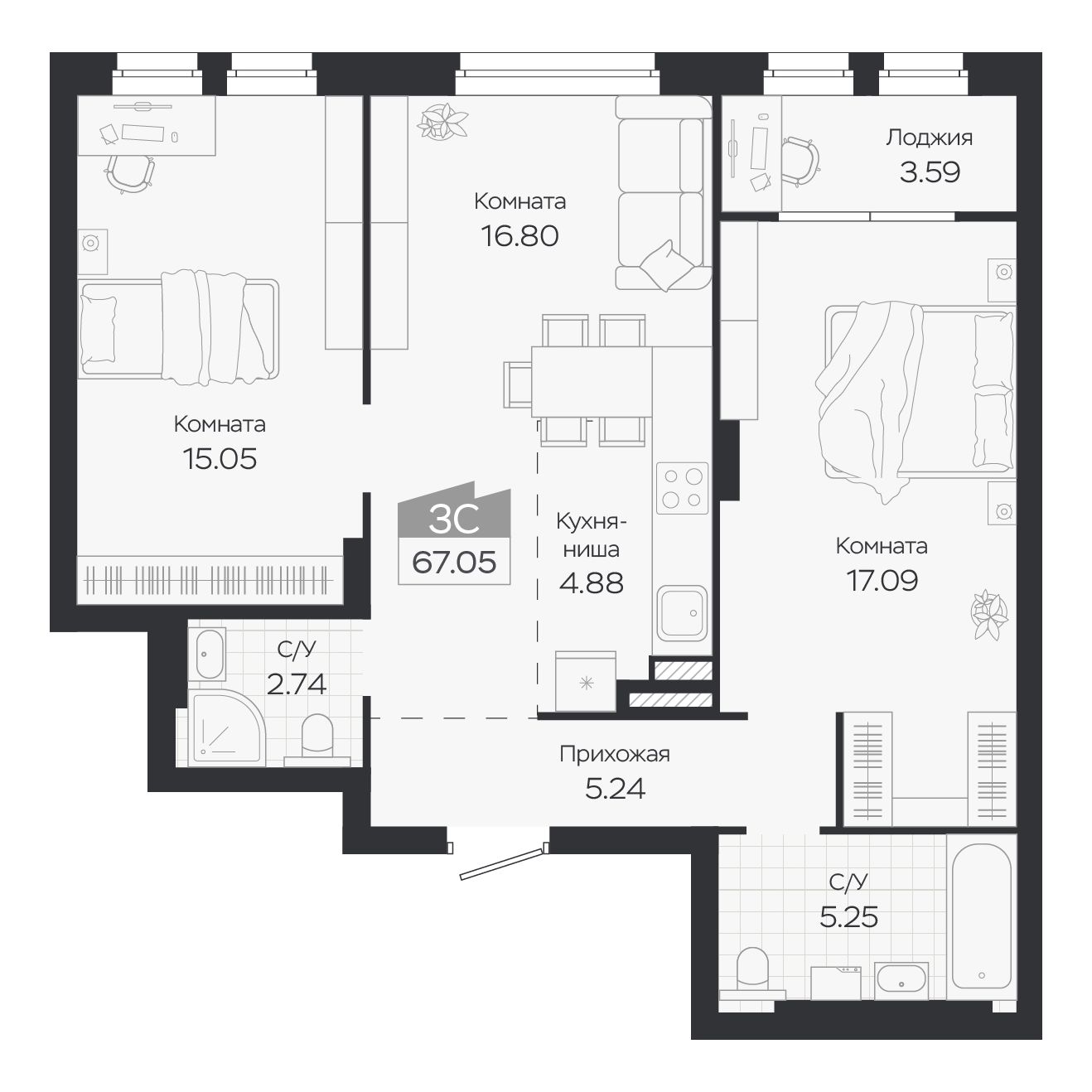 Планировка: Евро-3, 67,05 м²