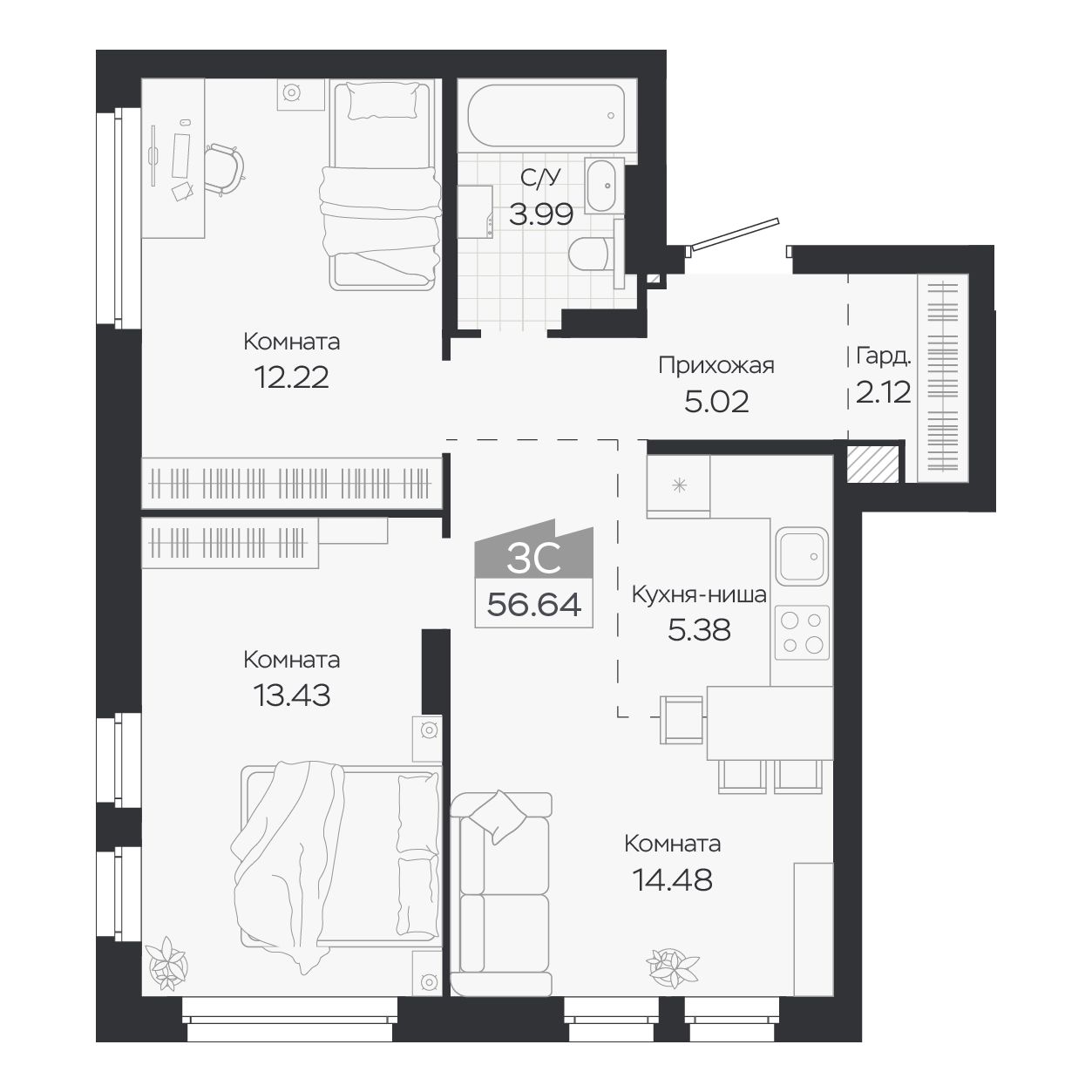 Планировка: Евро-3, 56,64 м²