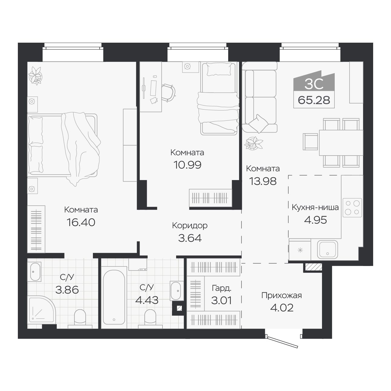 Планировка: Евро-3, 65,28 м²
