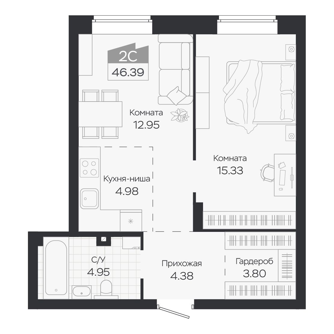 Планировка: Евро-2, 46,39 м²