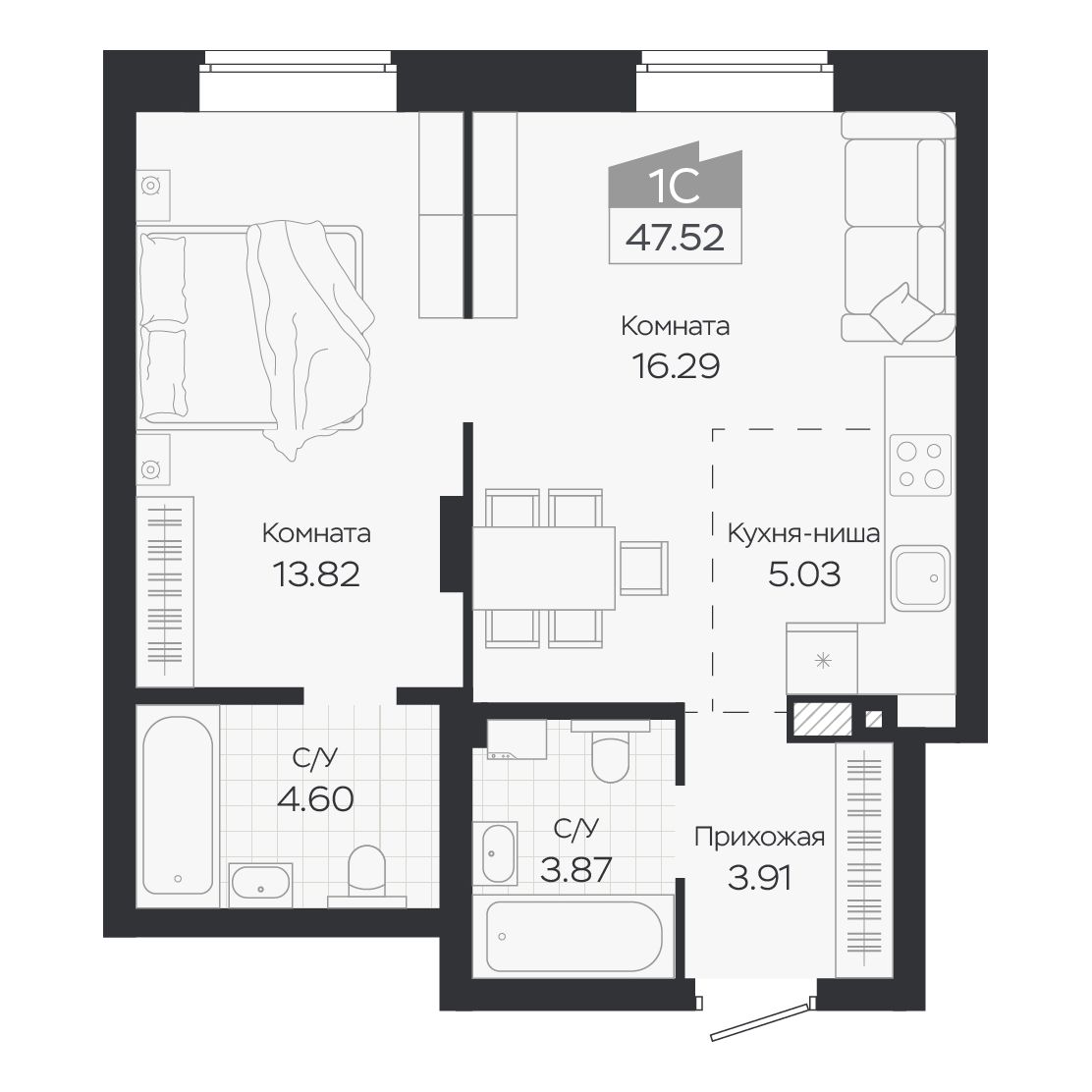 Планировка: Евро-2, 47,52 м²