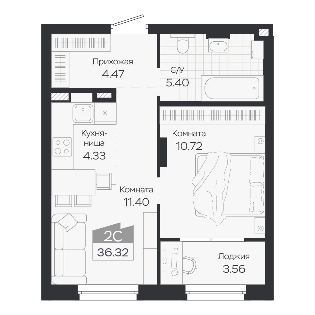 Планировка: Евро-2, 36,32 м²