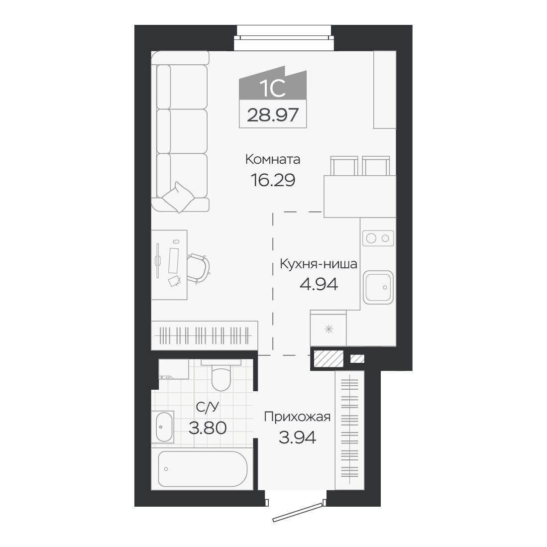 Планировка: Евро-1, 28,97 м²