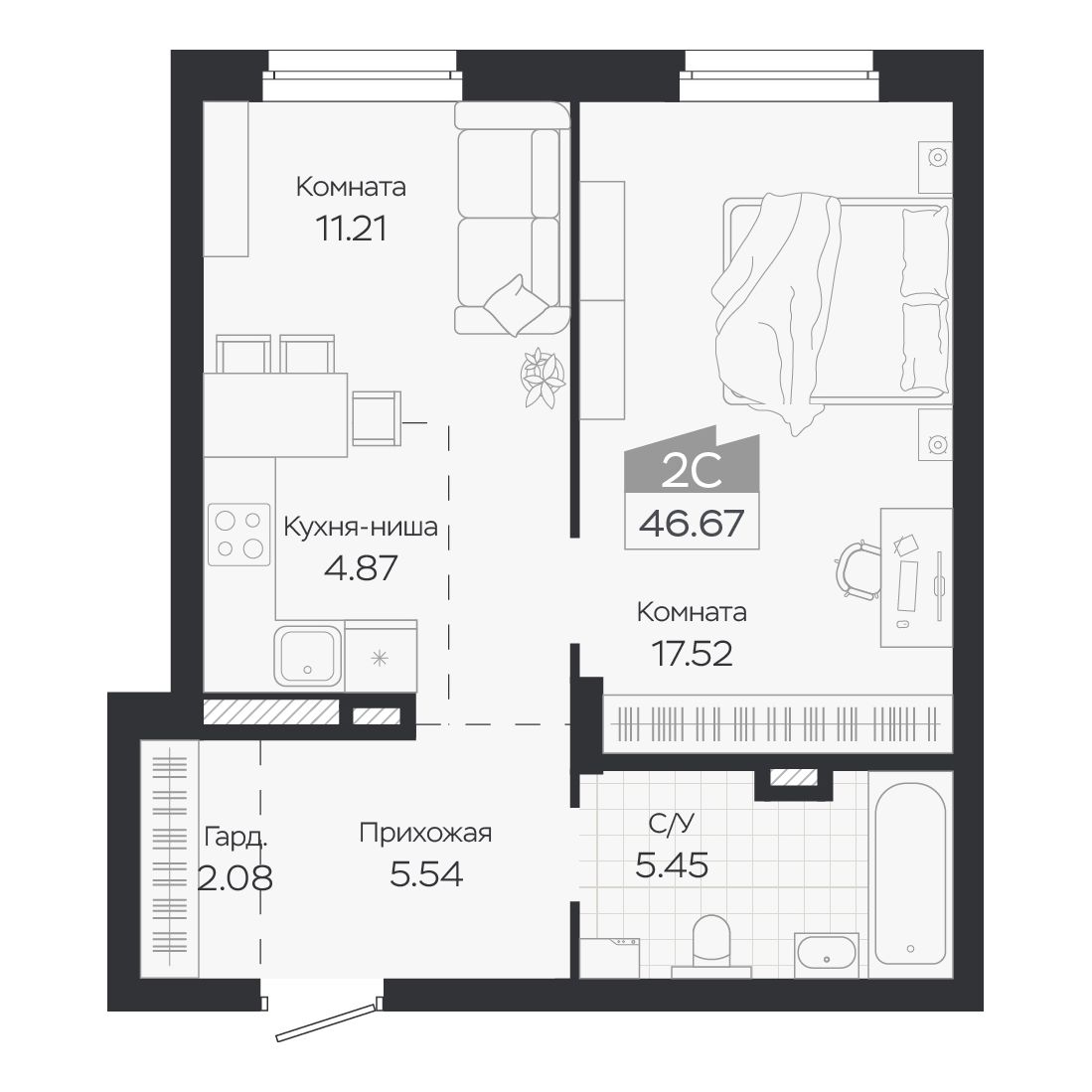 Планировка: Евро-2, 46,67 м²