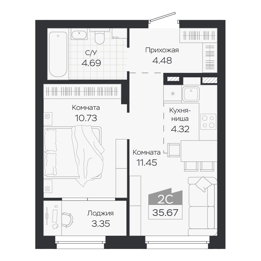 Планировка: Евро-2, 35,67 м²