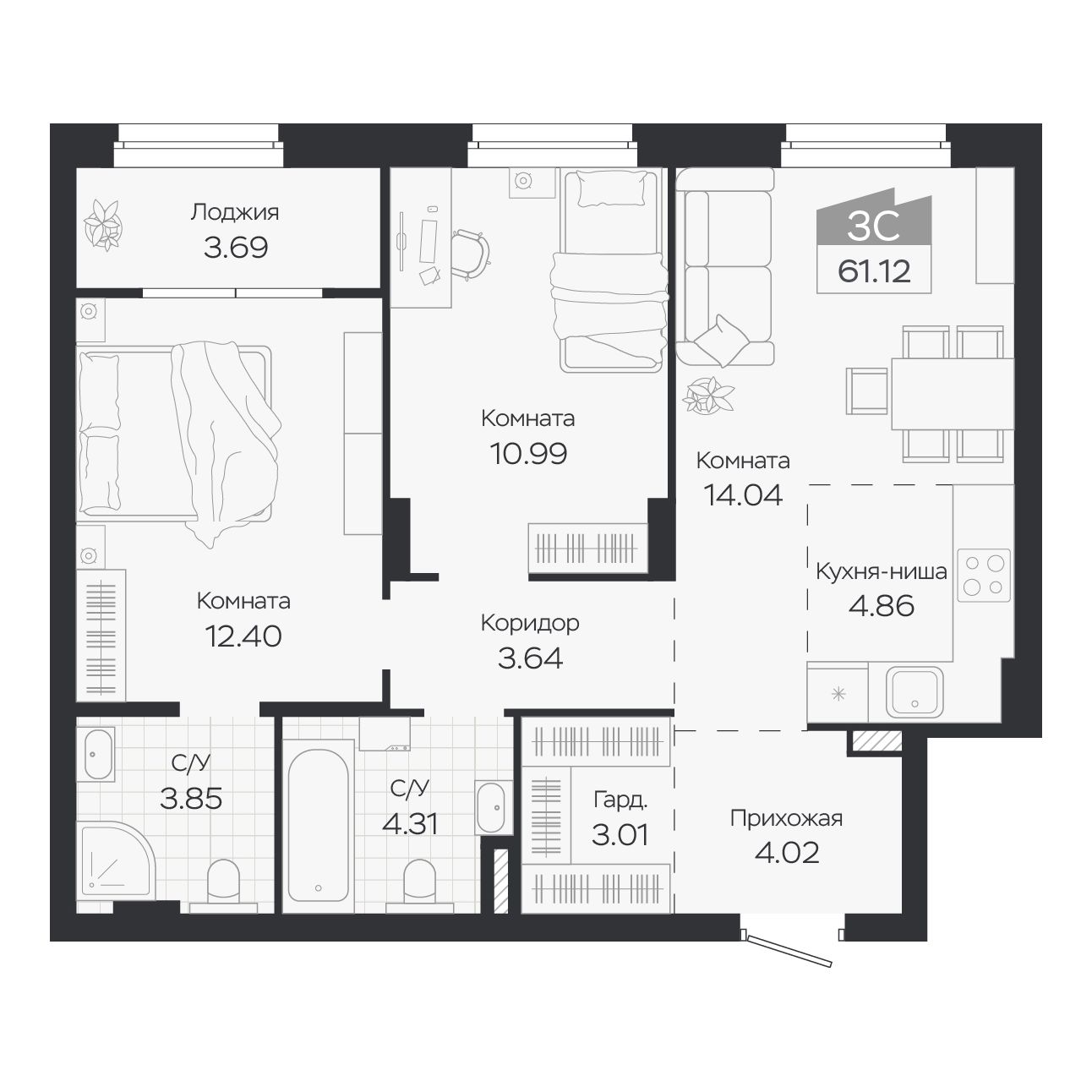 Планировка: Евро-3, 61,12 м²