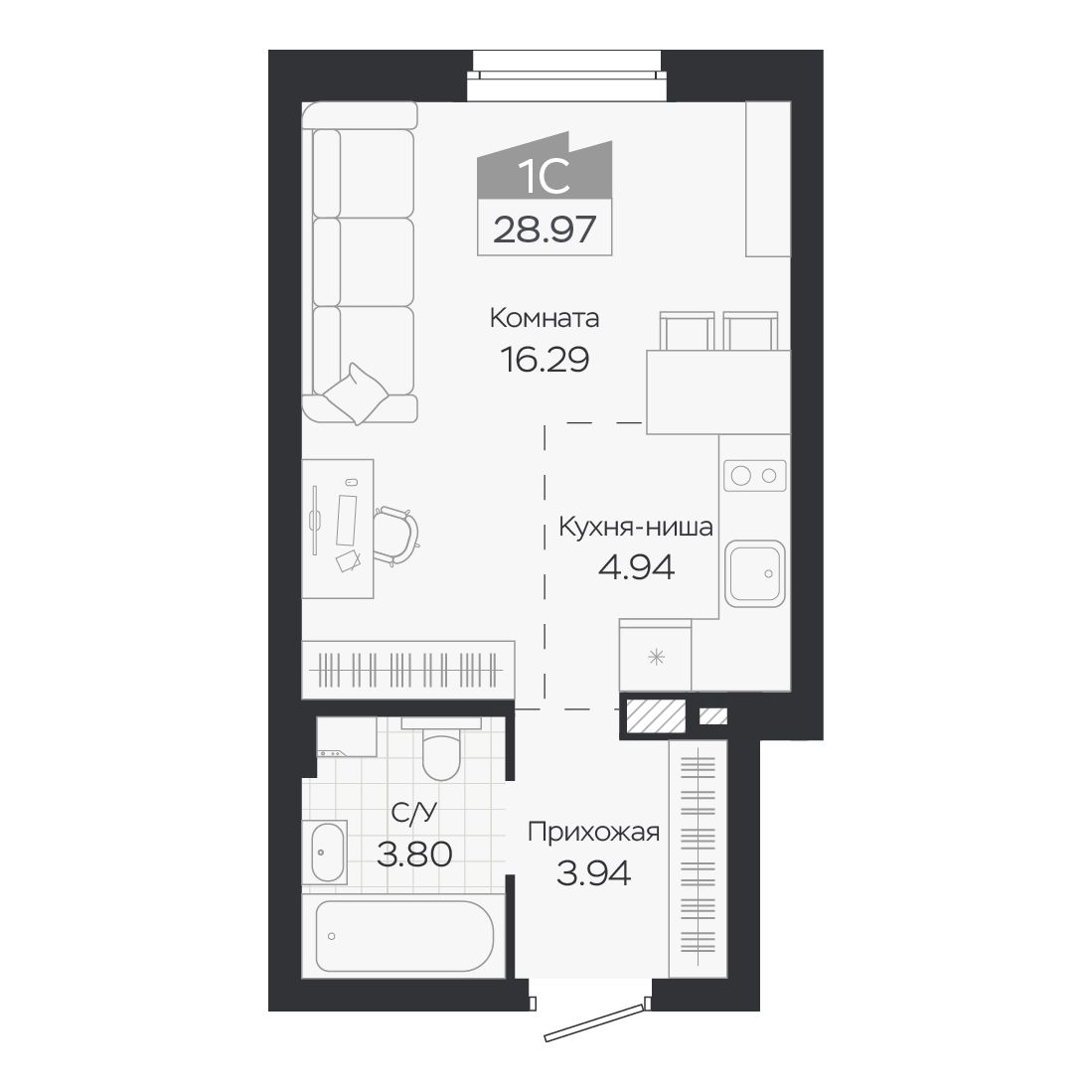 Планировка: Евро-1, 28,97 м²