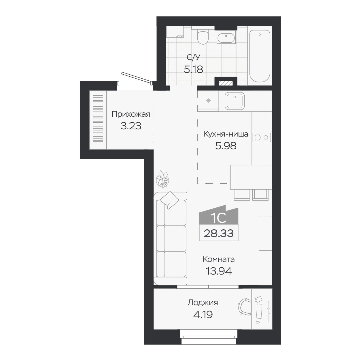 Планировка: Евро-1, 28,33 м²