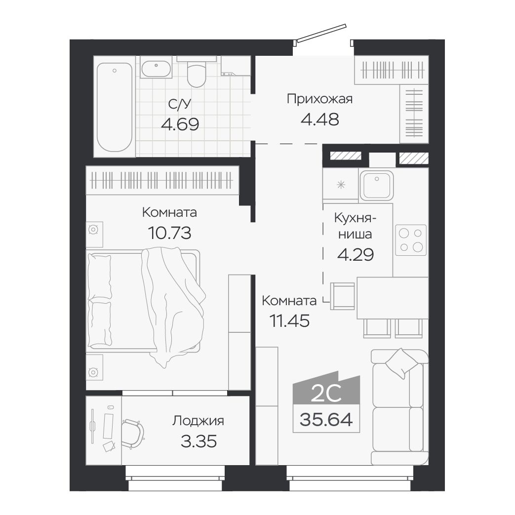 Планировка: Евро-2, 35,64 м²