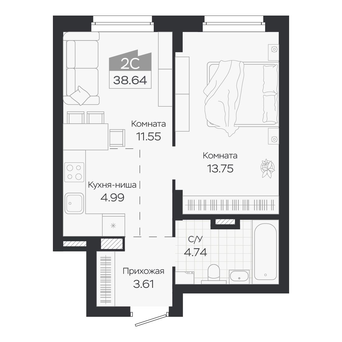 Планировка: Евро-2, 38,64 м²