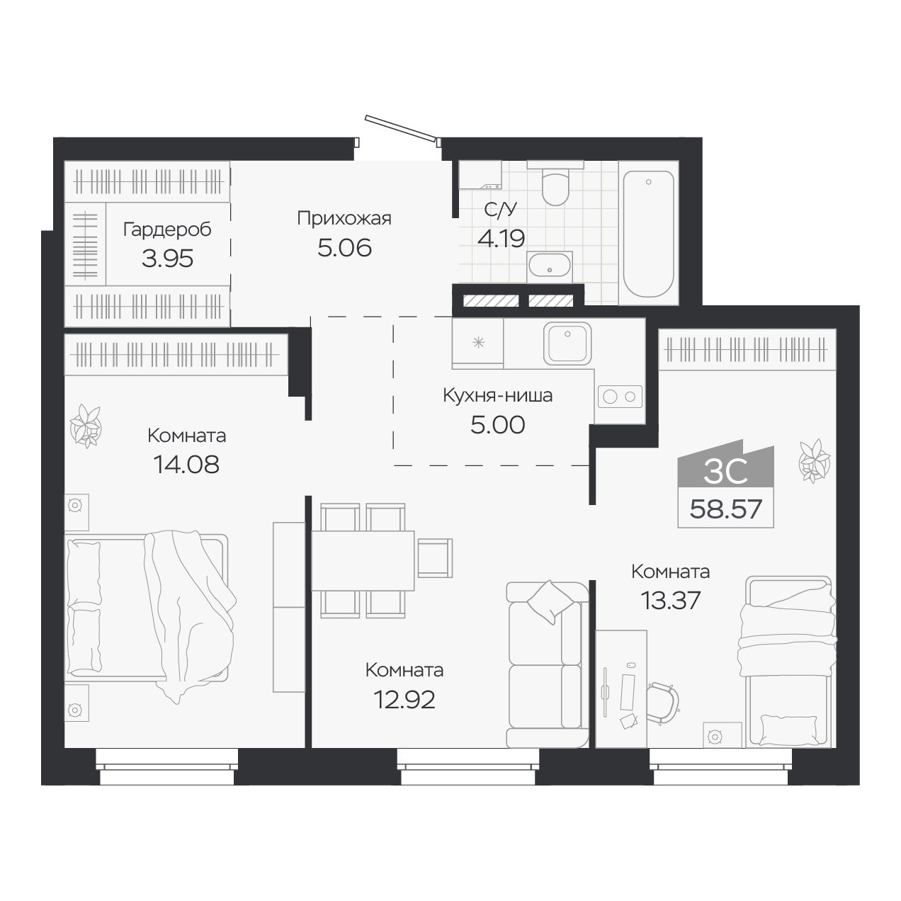 Планировка: Евро-3, 58,57 м²