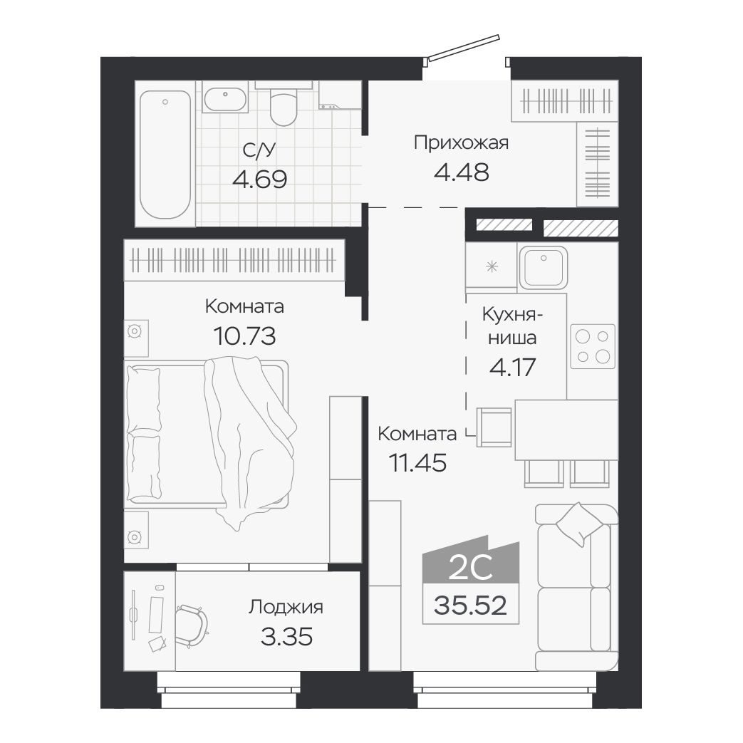 Планировка: Евро-2, 35,52 м²