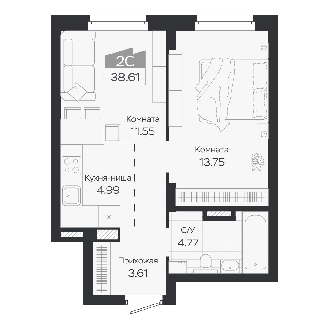 Планировка: Евро-2, 38,61 м²