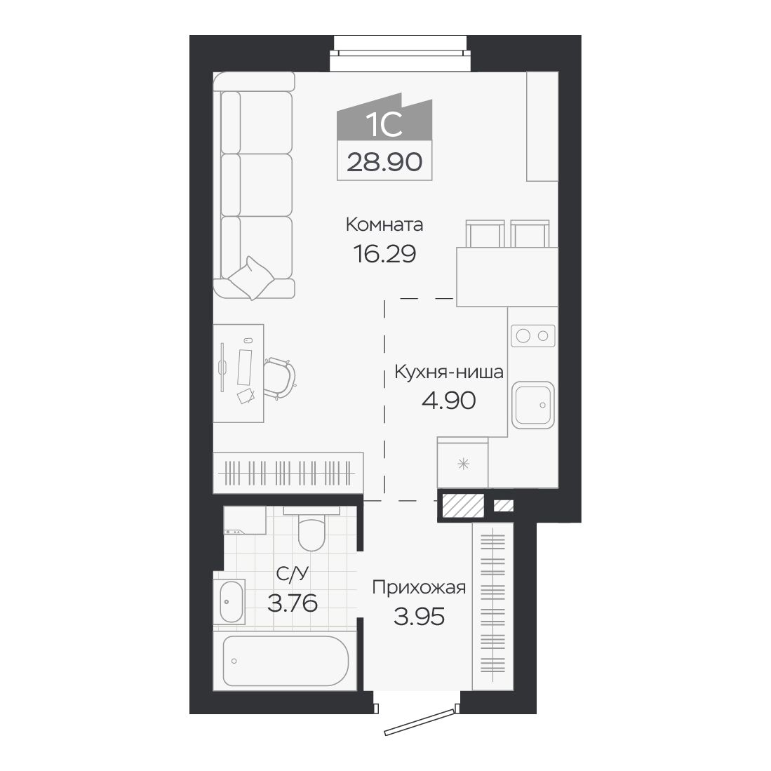 Планировка: Евро-1, 28,9 м²
