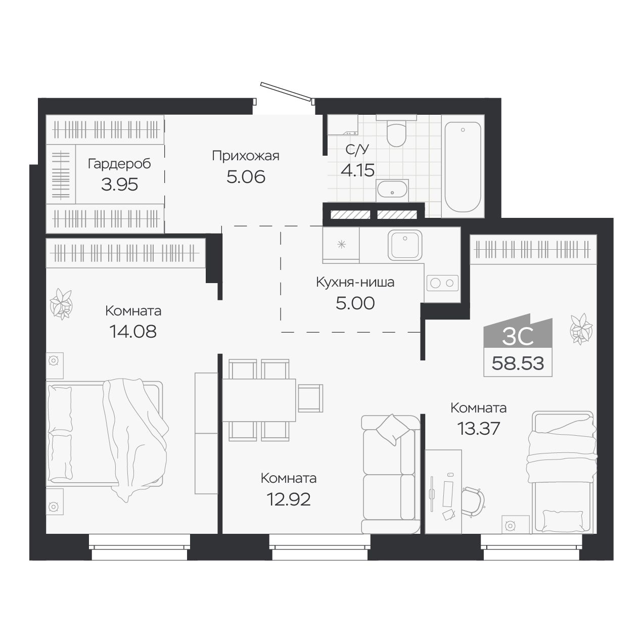 Планировка: Евро-3, 58,53 м²