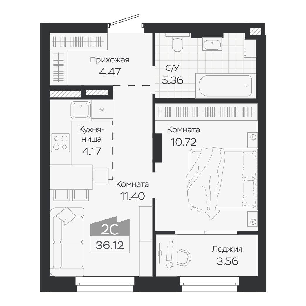 Планировка: Евро-2, 36,12 м²