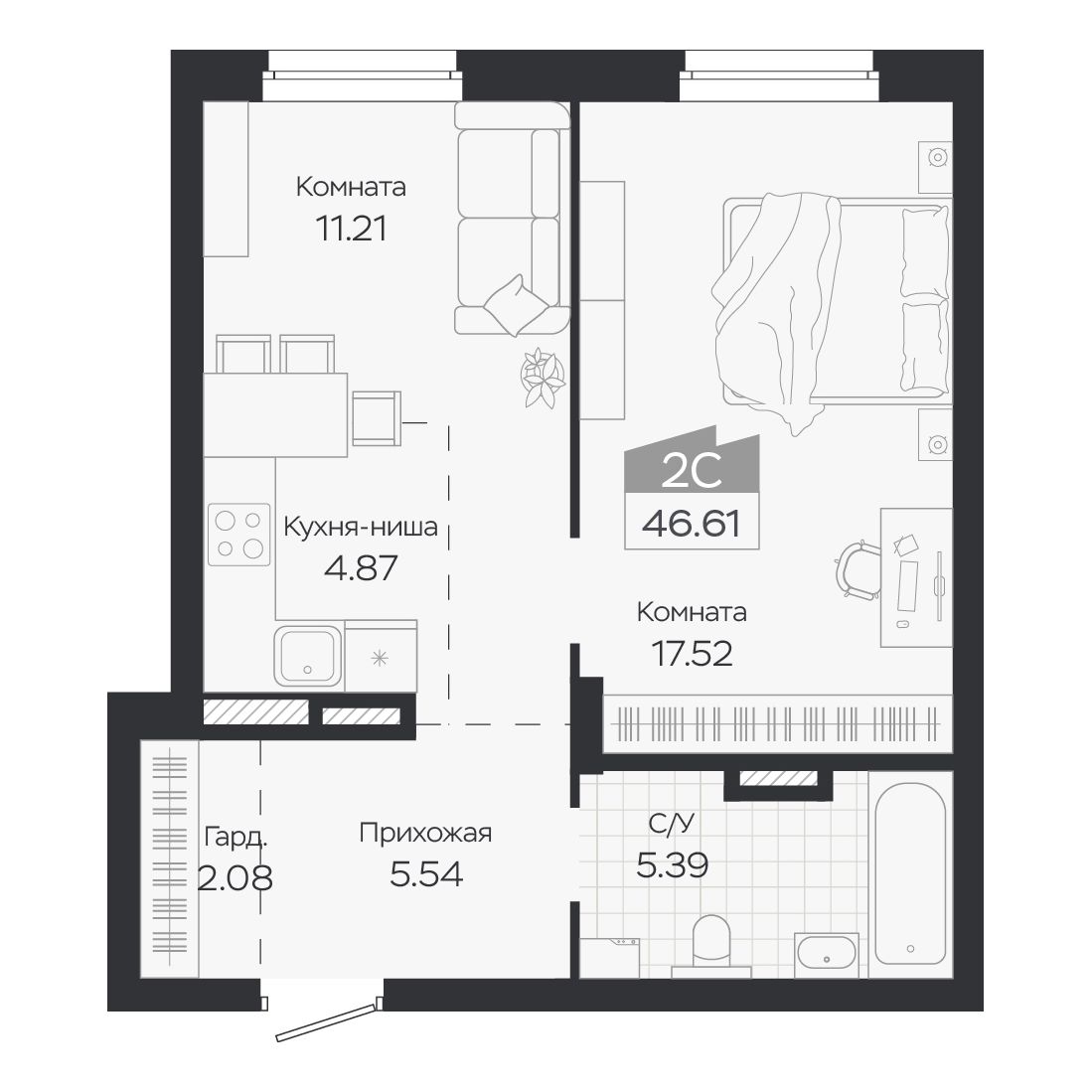 Планировка: Евро-2, 46,61 м²
