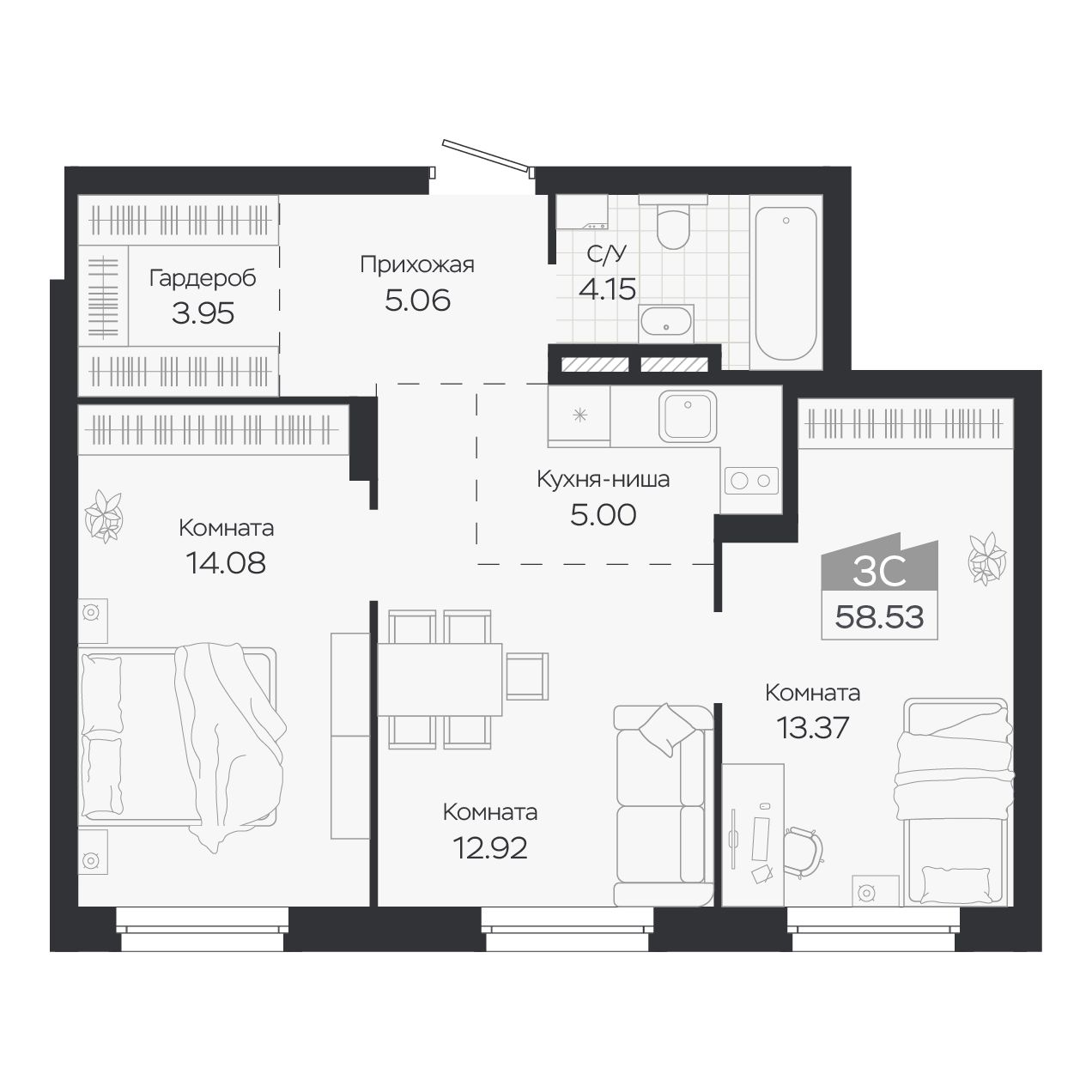 Планировка: Евро-3, 58,53 м²