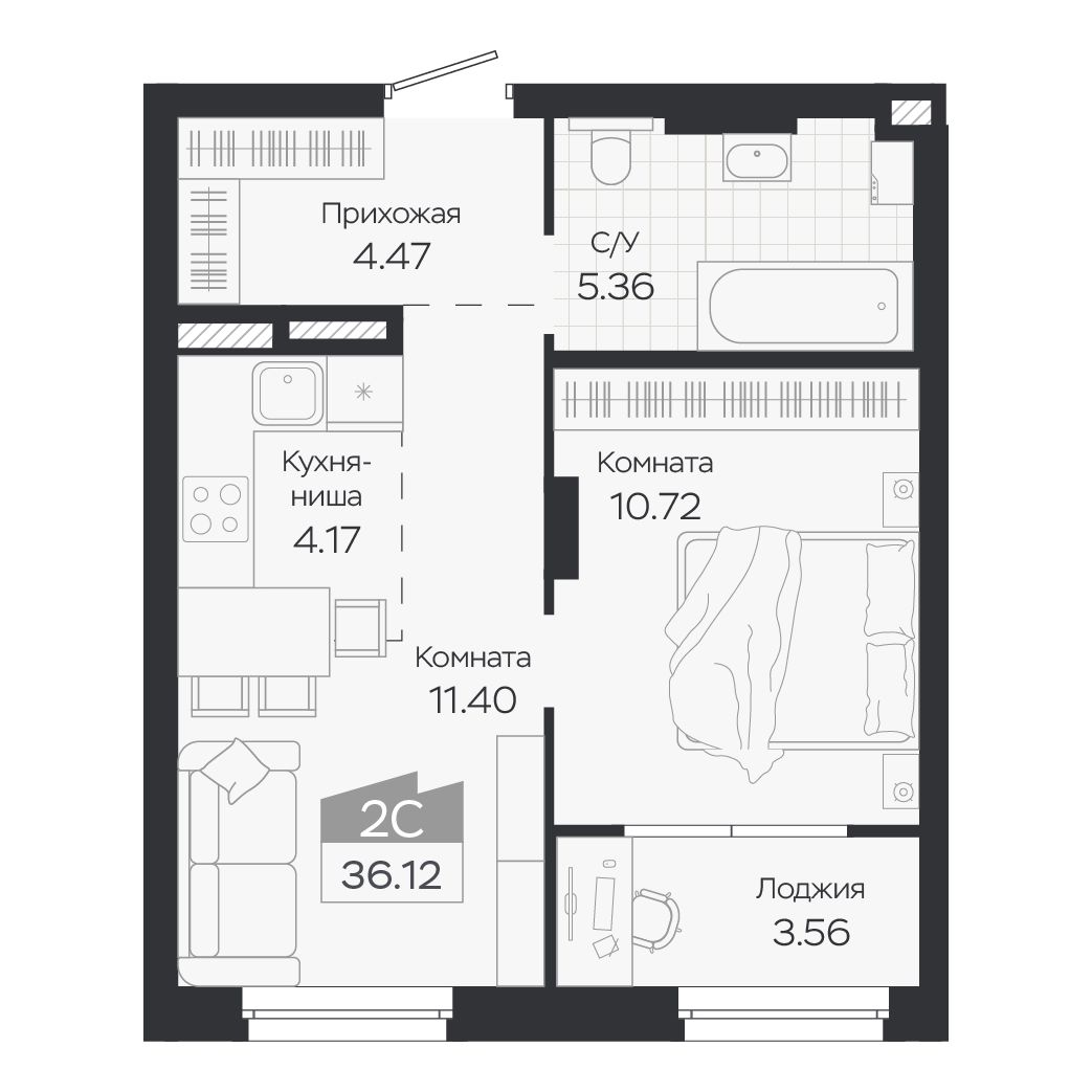 Планировка: Евро-2, 36,12 м²