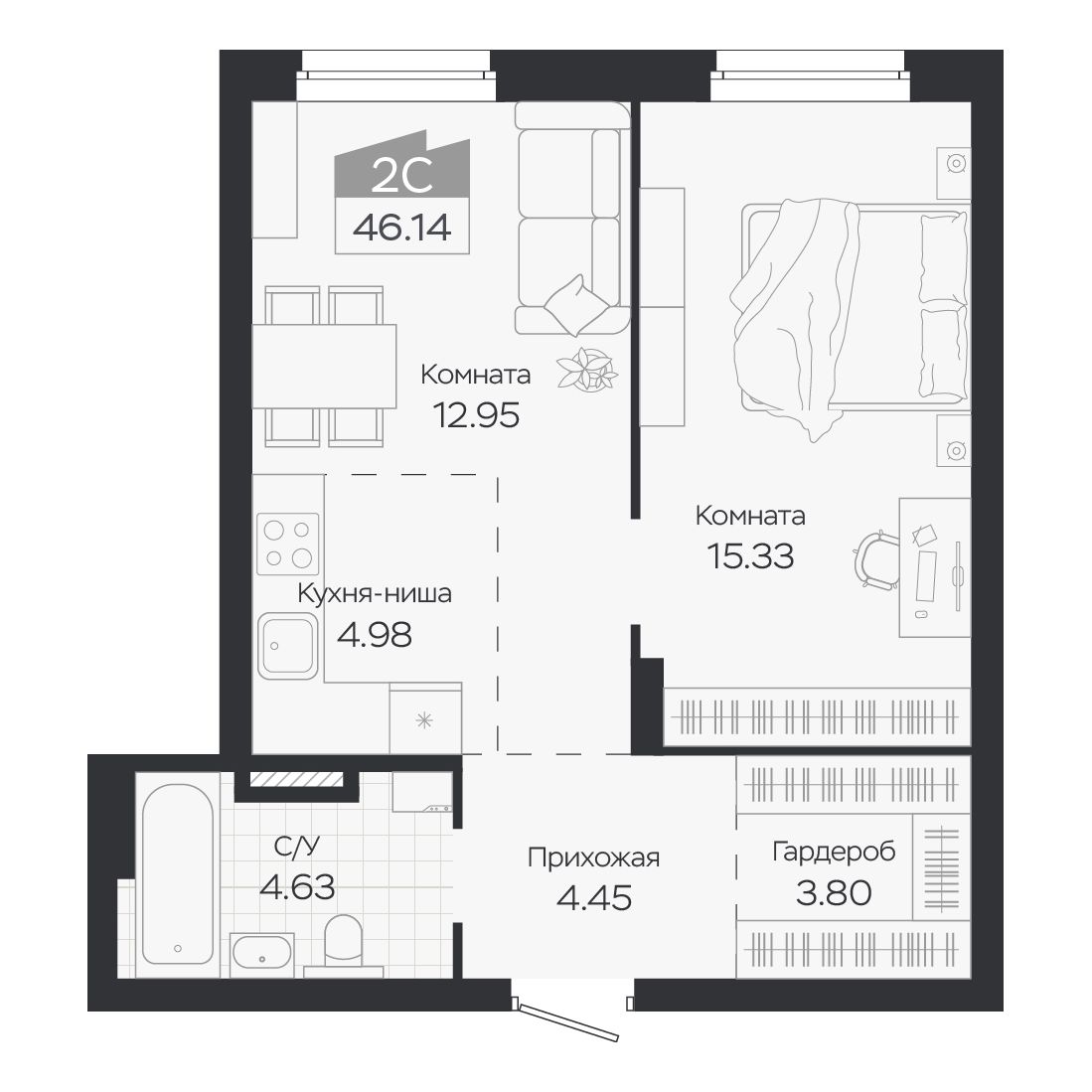 Планировка: Евро-2, 46,14 м²