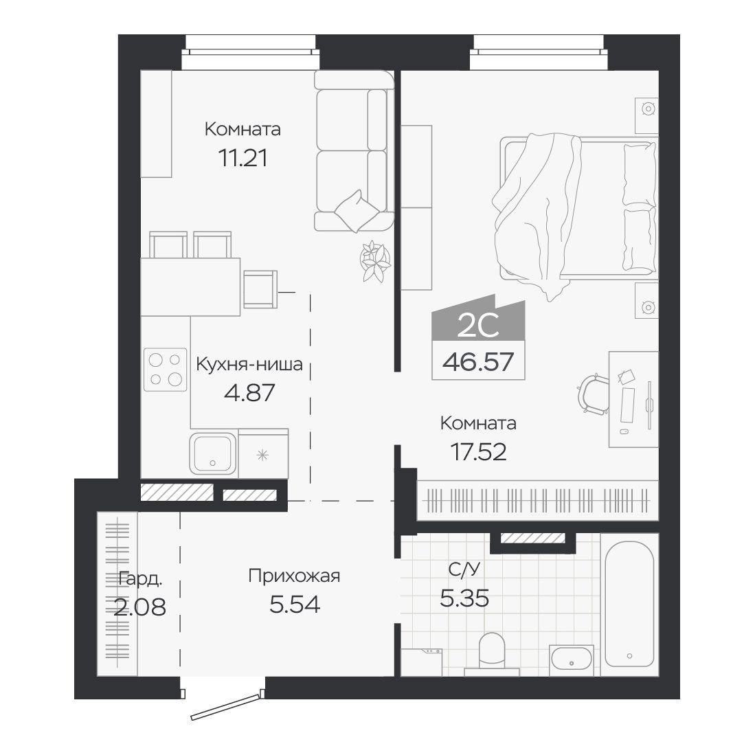 Планировка: Евро-2, 46,57 м²