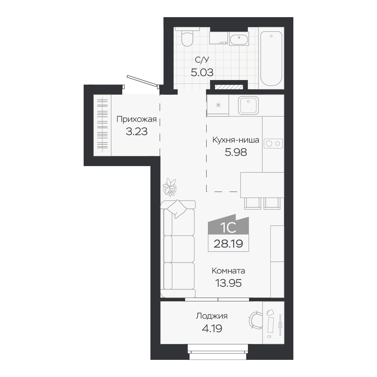 Планировка: Евро-1, 28,19 м²
