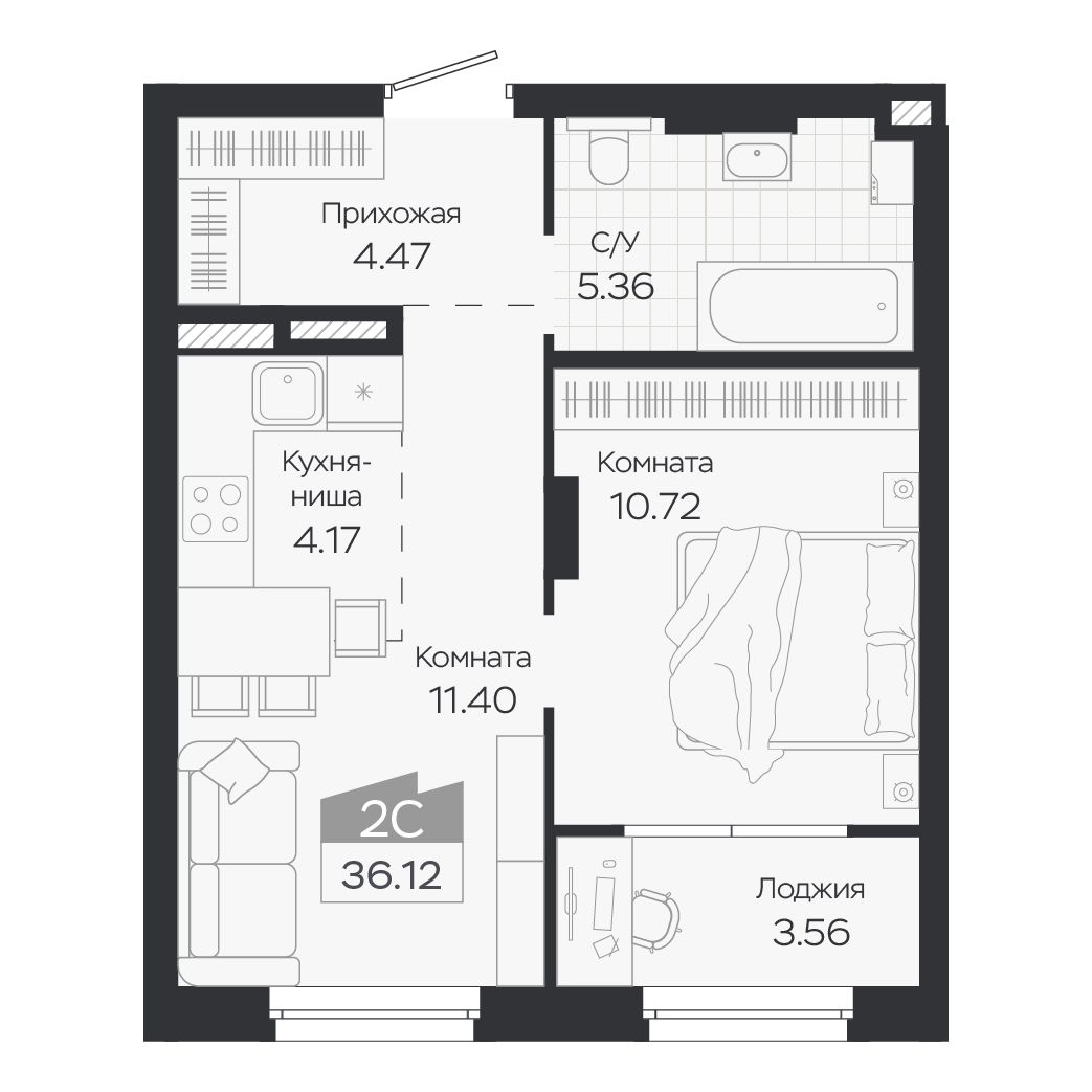 Планировка: Евро-2, 36,12 м²