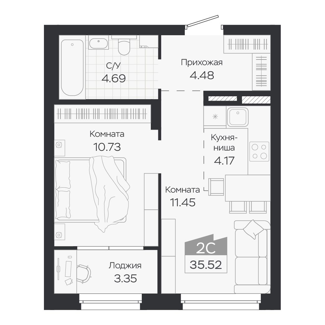 Планировка: Евро-2, 35,52 м²