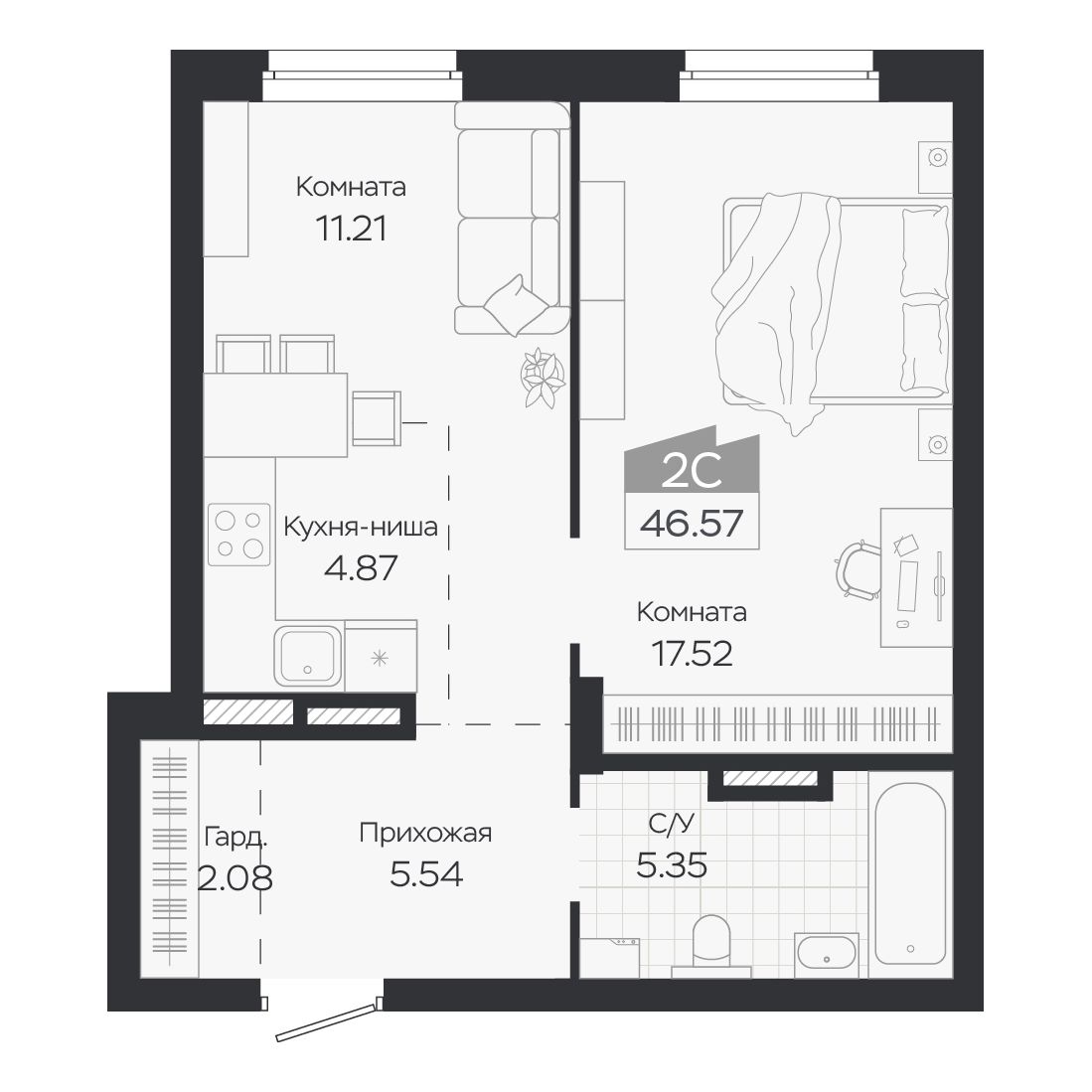 Планировка: Евро-2, 46,57 м²