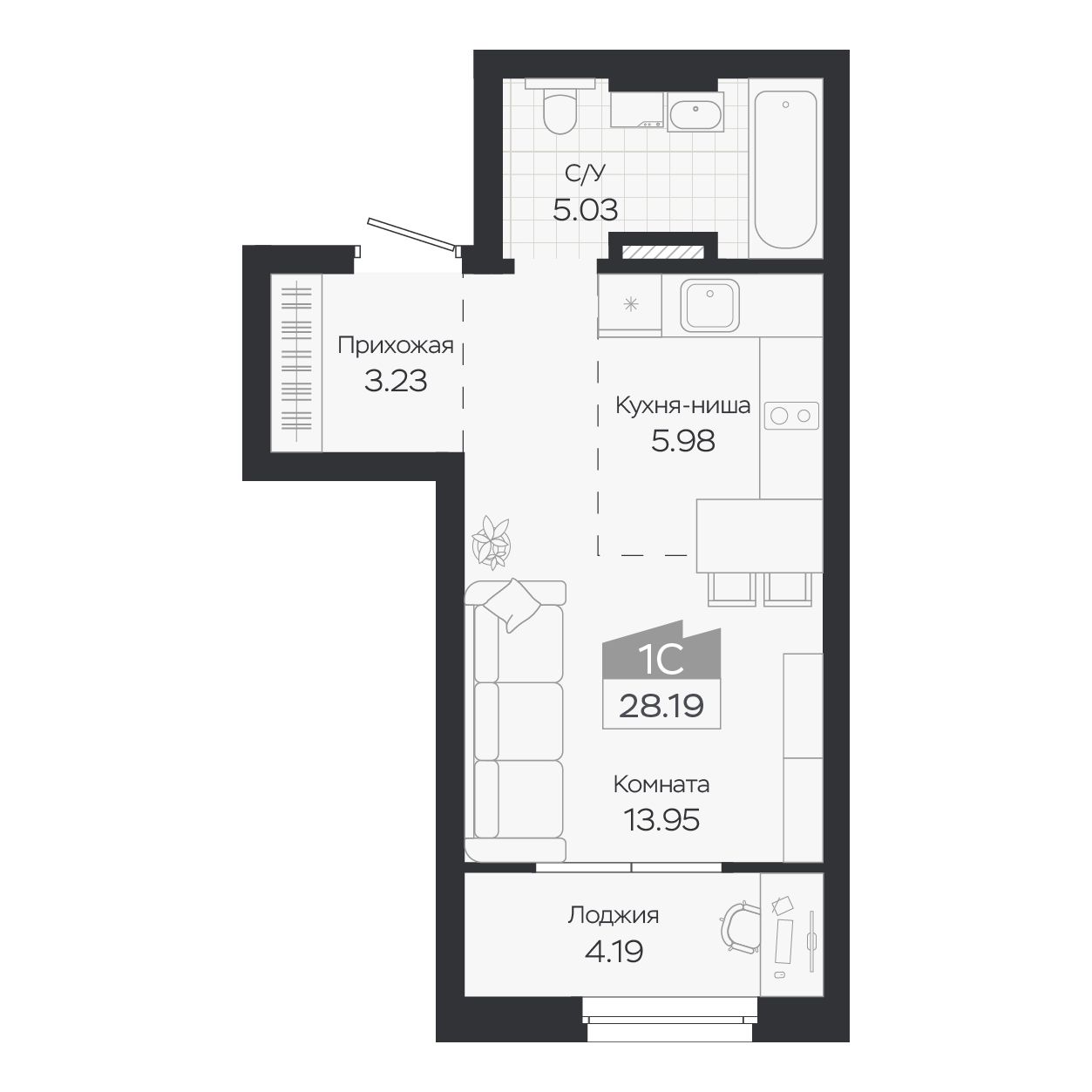 Планировка: Евро-1, 28,19 м²