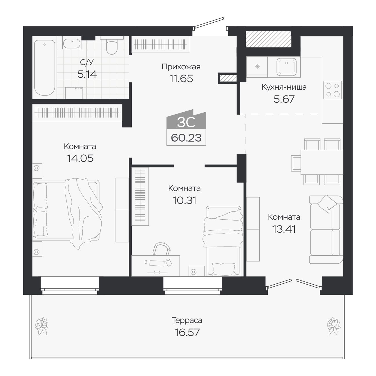 Планировка: Евро-3, 60,23 м²