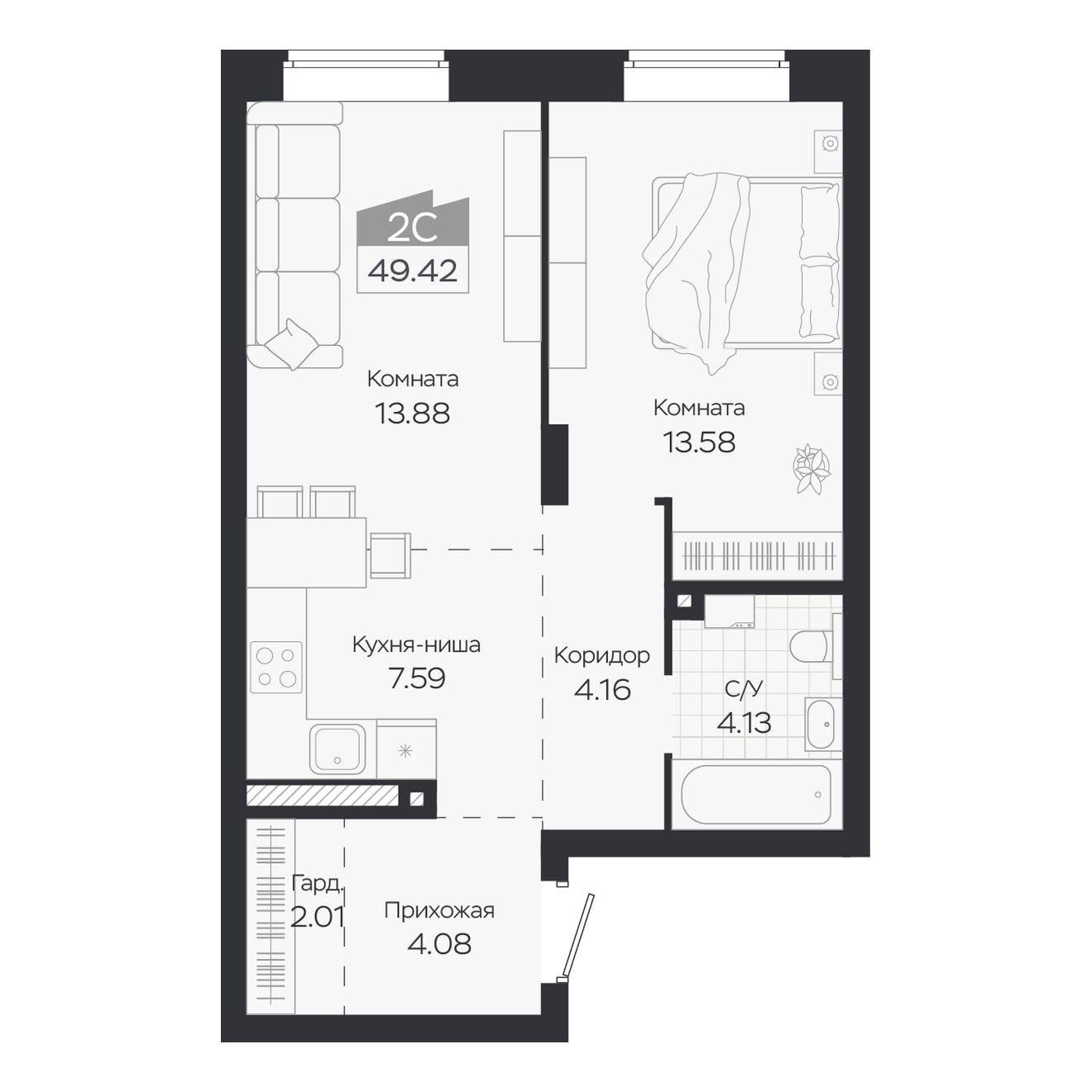 Планировка: Евро-2, 49,42 м²