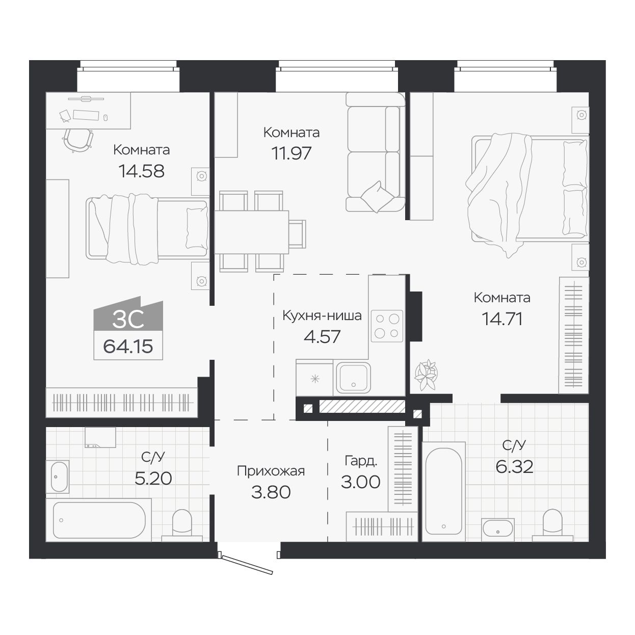 Планировка: Евро-3, 64,15 м²