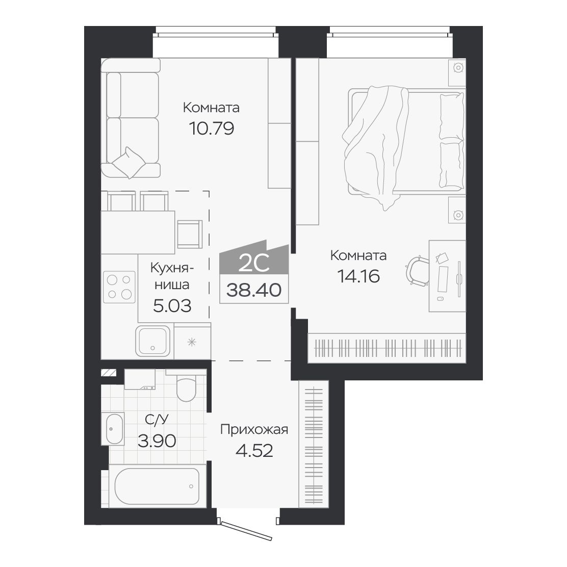 Планировка: Евро-2, 38,4 м²