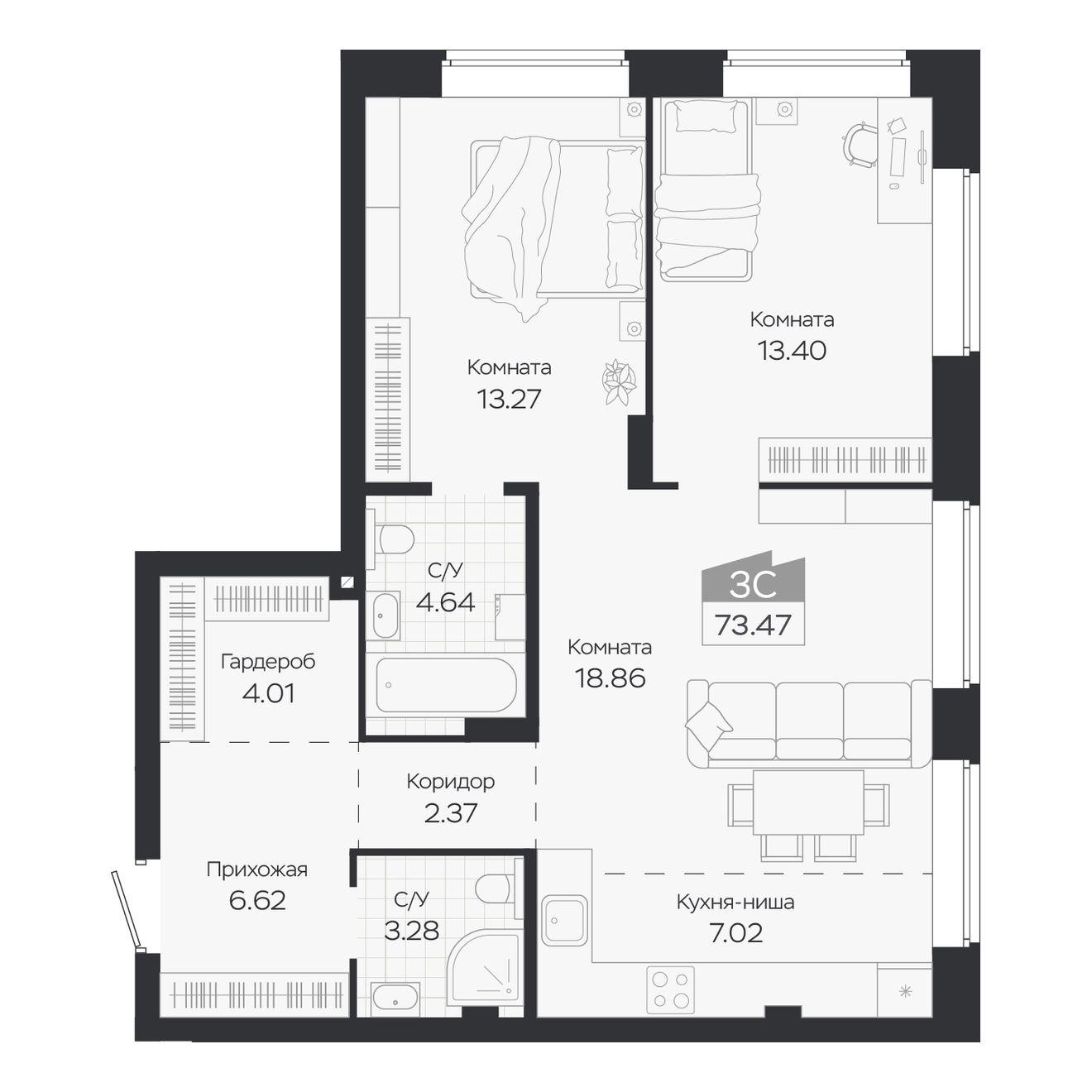 Планировка: Евро-3, 73,47 м²