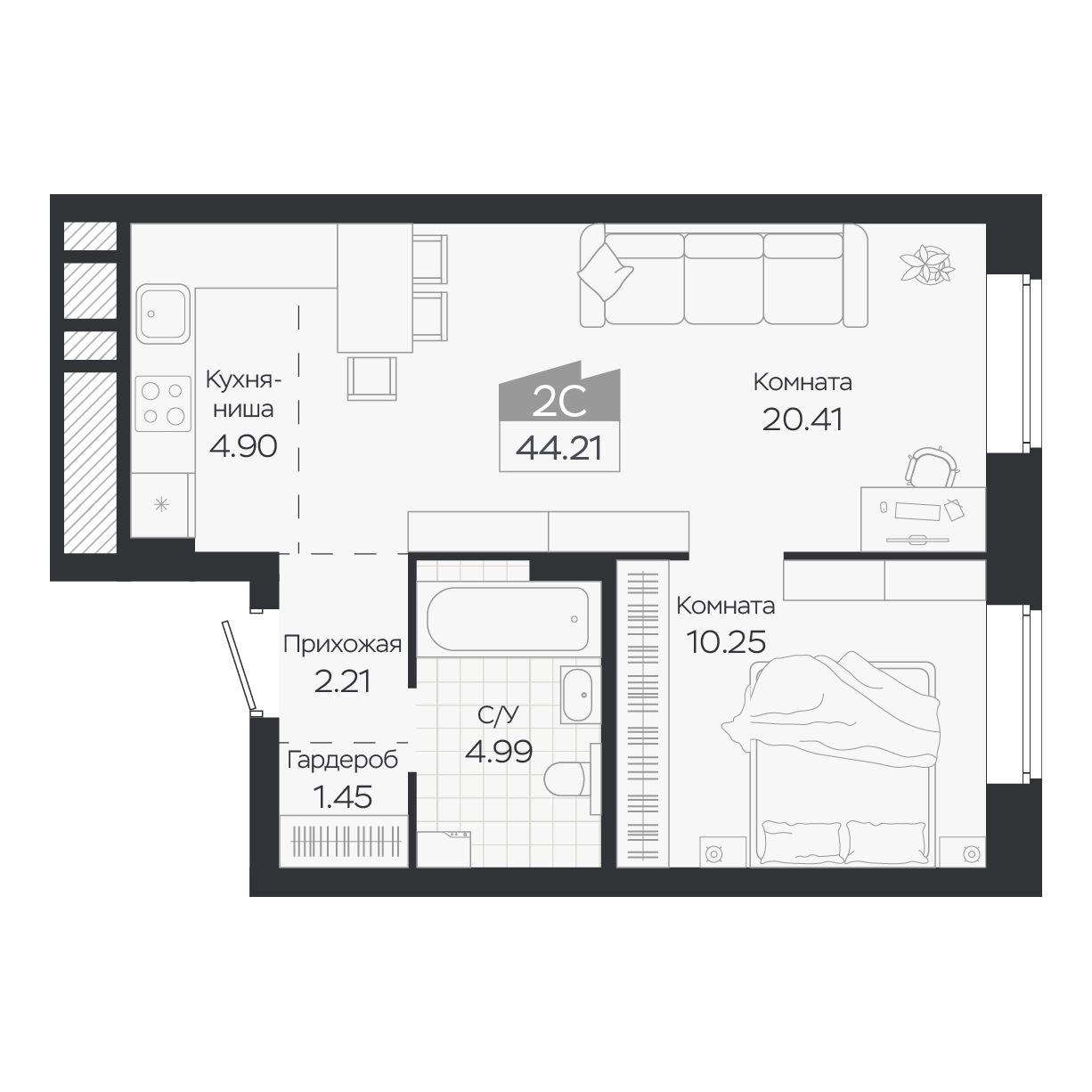 Планировка: Евро-2, 44,21 м²