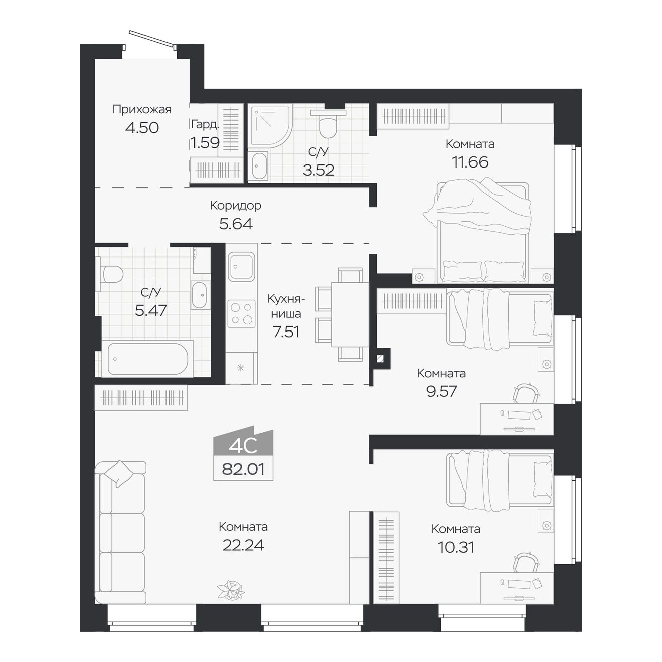 Планировка: Евро-4, 82,01 м²