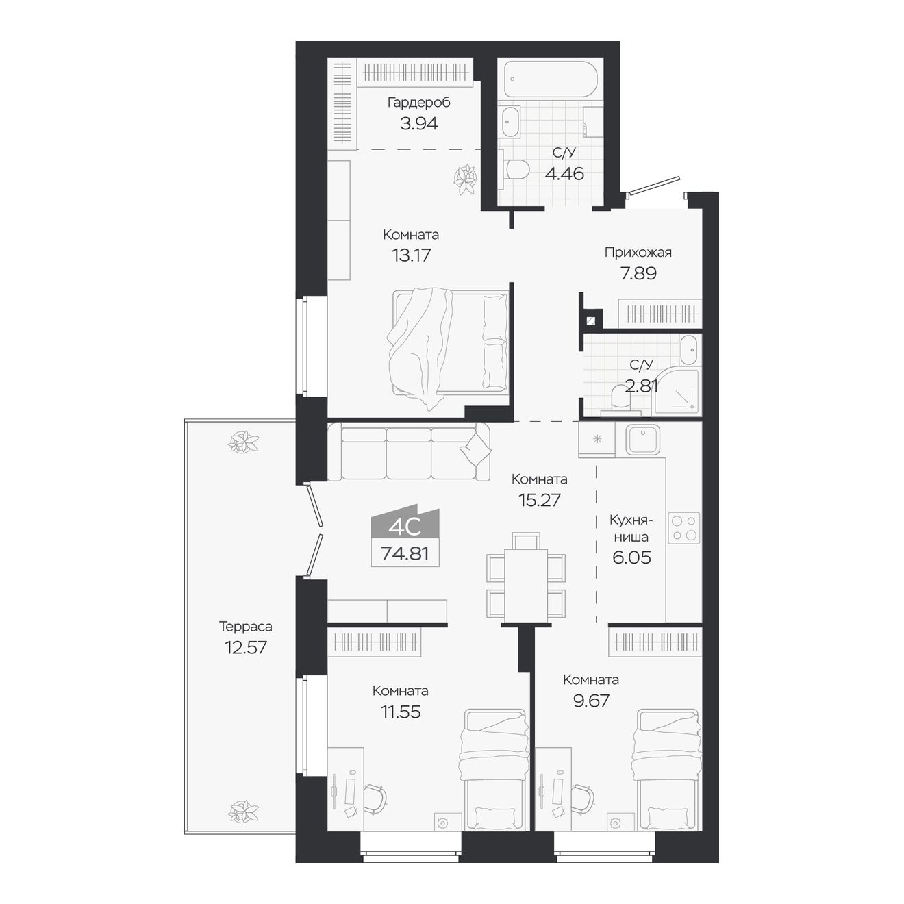 Планировка: Евро-4, 74,81 м²